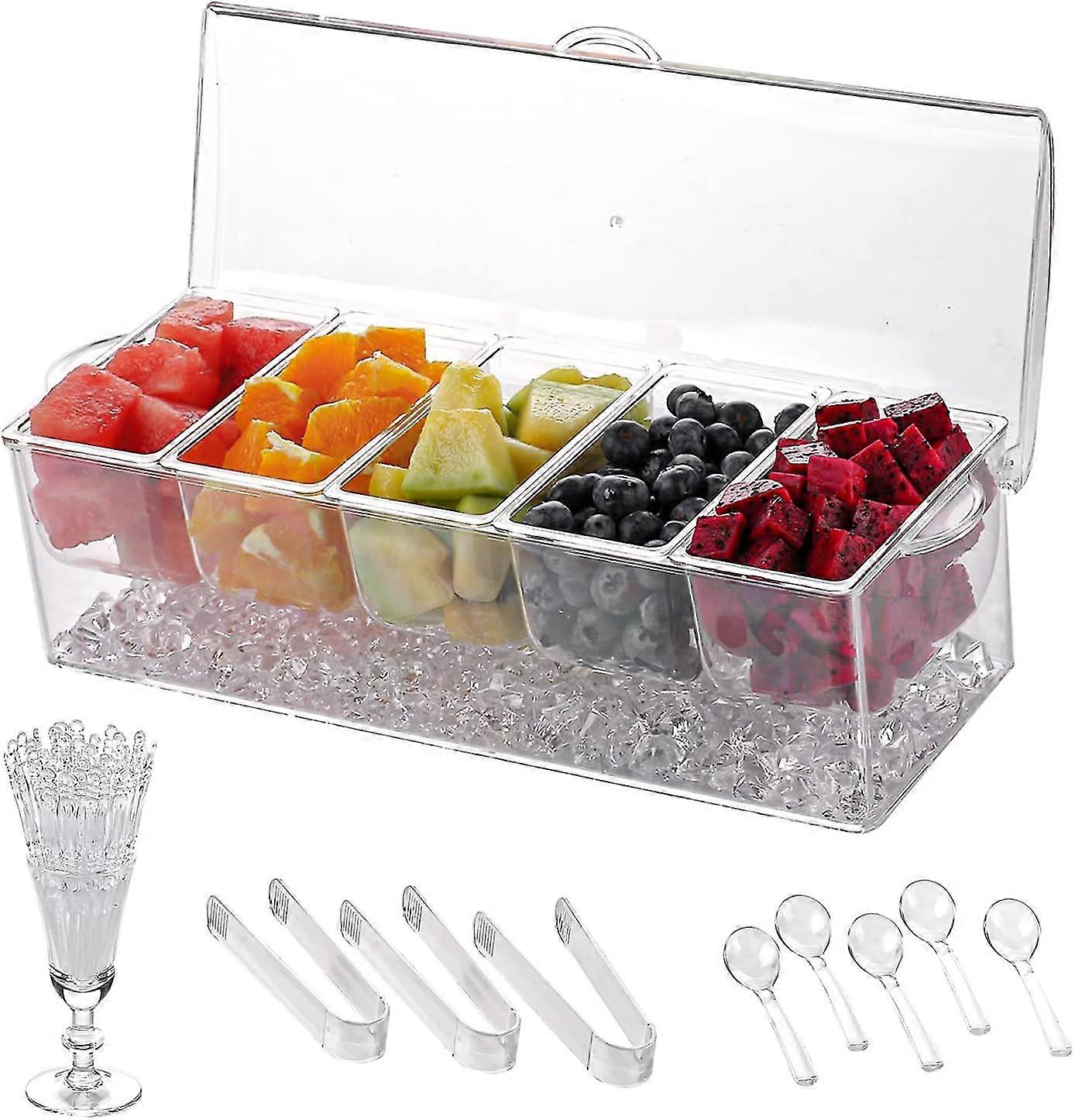 Wabjtam Chilled Condiment Server | Clear Icy Condiment Bar | Chilled Condiment Tray With Lid And 5 Removable Compartments