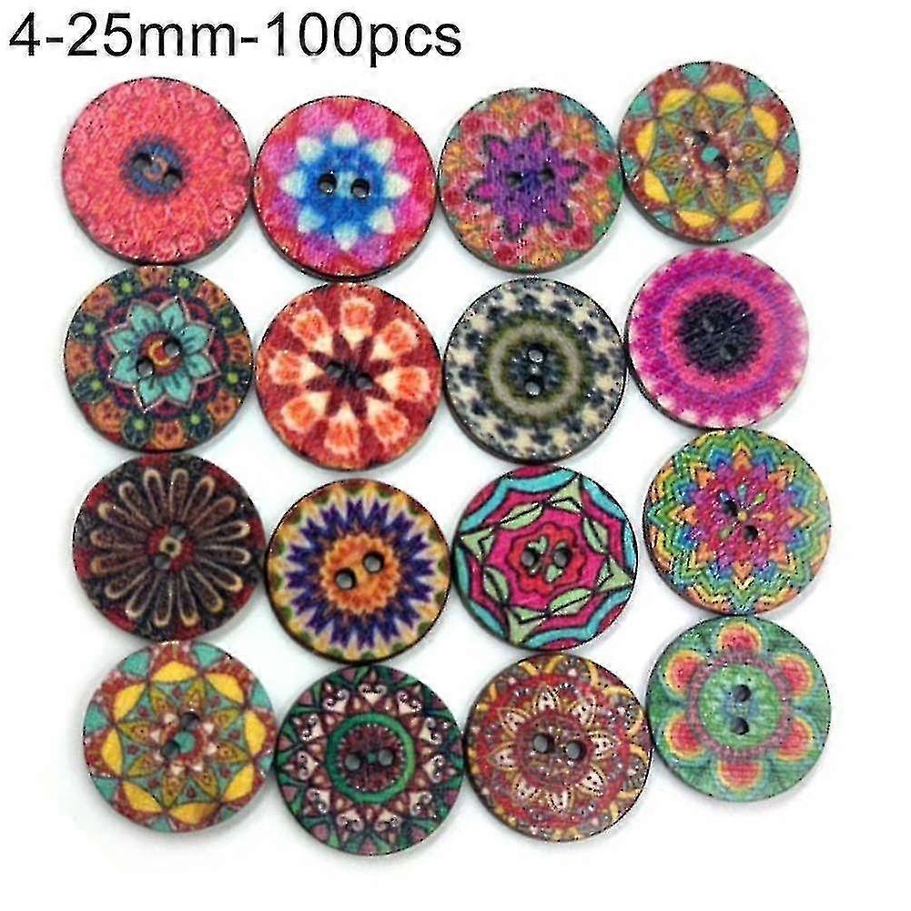 100 Pcs Bohemian Style Retro Pattern Round Shape Wooden Buttons Clothing Decor