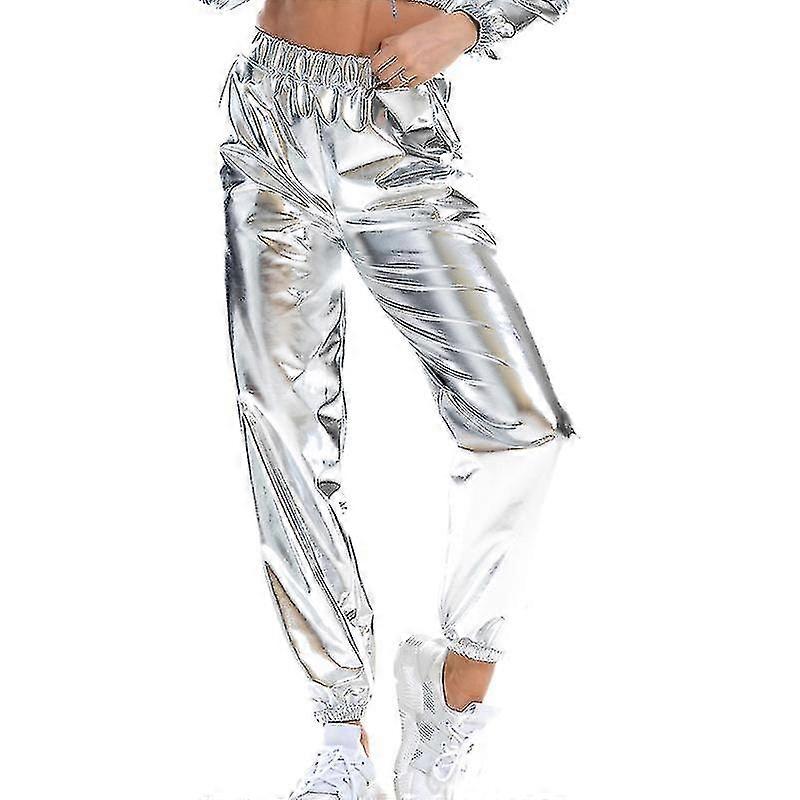 Γυναίκες ψηλόμεσο παντελόνι casual καλοκαίρι loungewear μεταλλικά παντελόνια