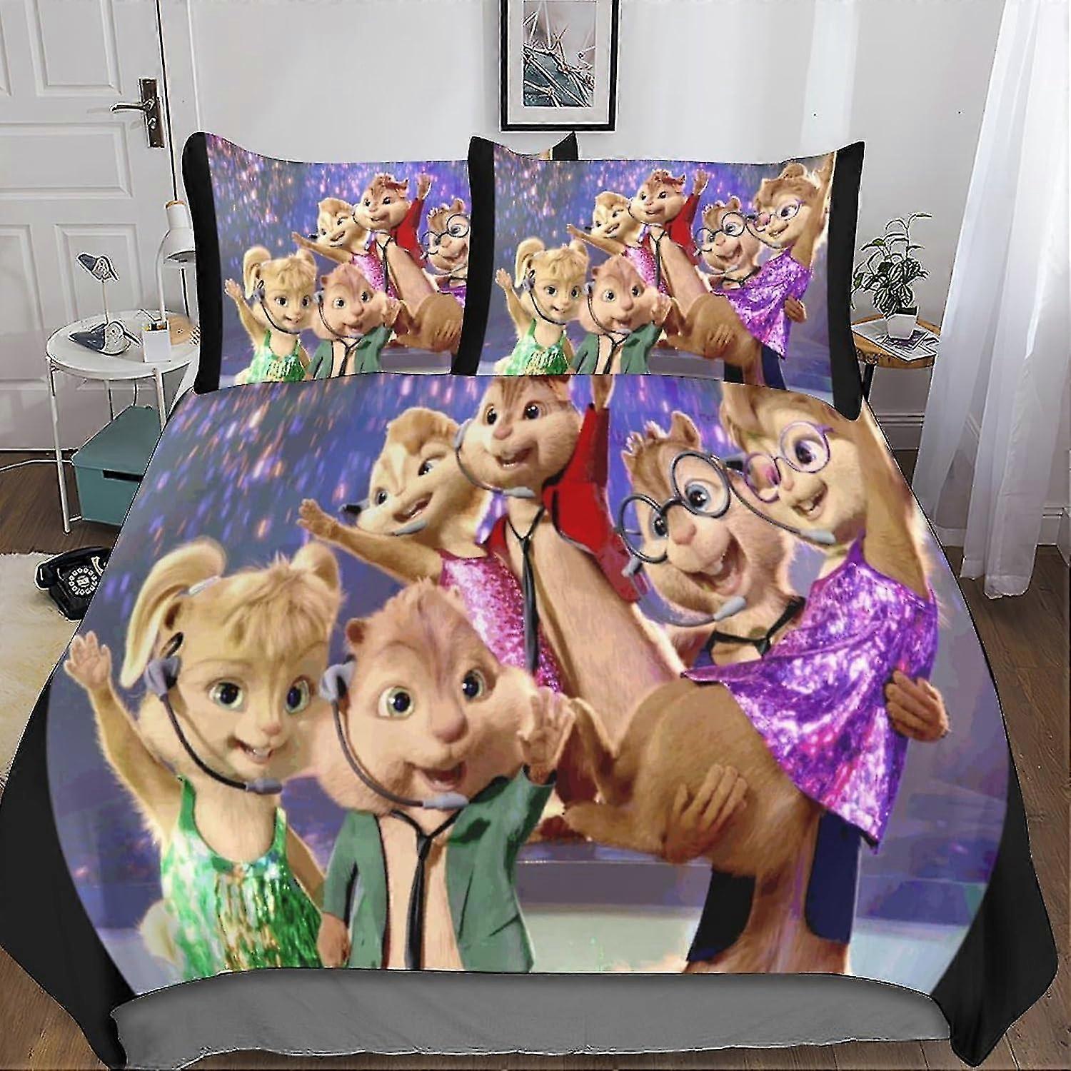 o3516 Lençóis Alvin Conjunto de capa de edredão impresso em 3D, capa de colcha de personagens de desenhos animados de microfibra macia 3 peças com fechamento com zíper Conjunto de cama e Pillwoca