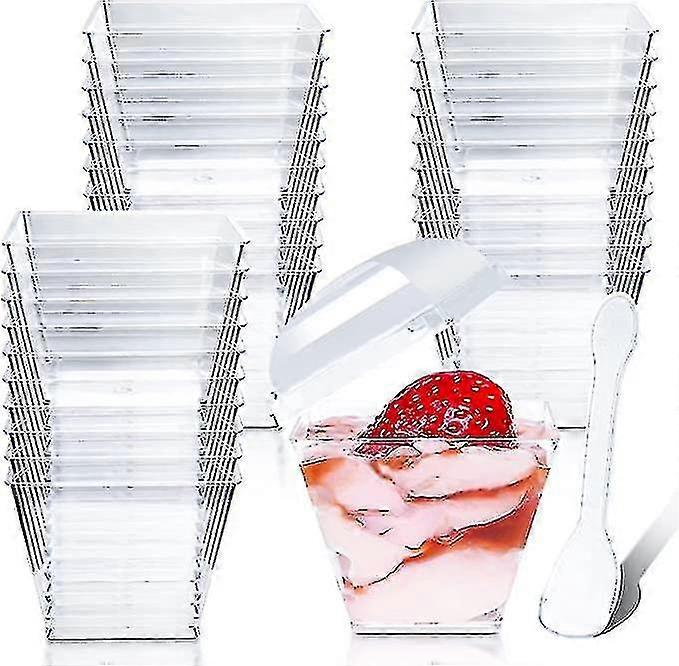 50 Pcs Dessert Cups With Lids And Spoons Square Dessert Cups Set Reusable Plastic Dessert Cups For Dessert With Pudding Mousse Ice Iream (4 Oz/115 Ml)