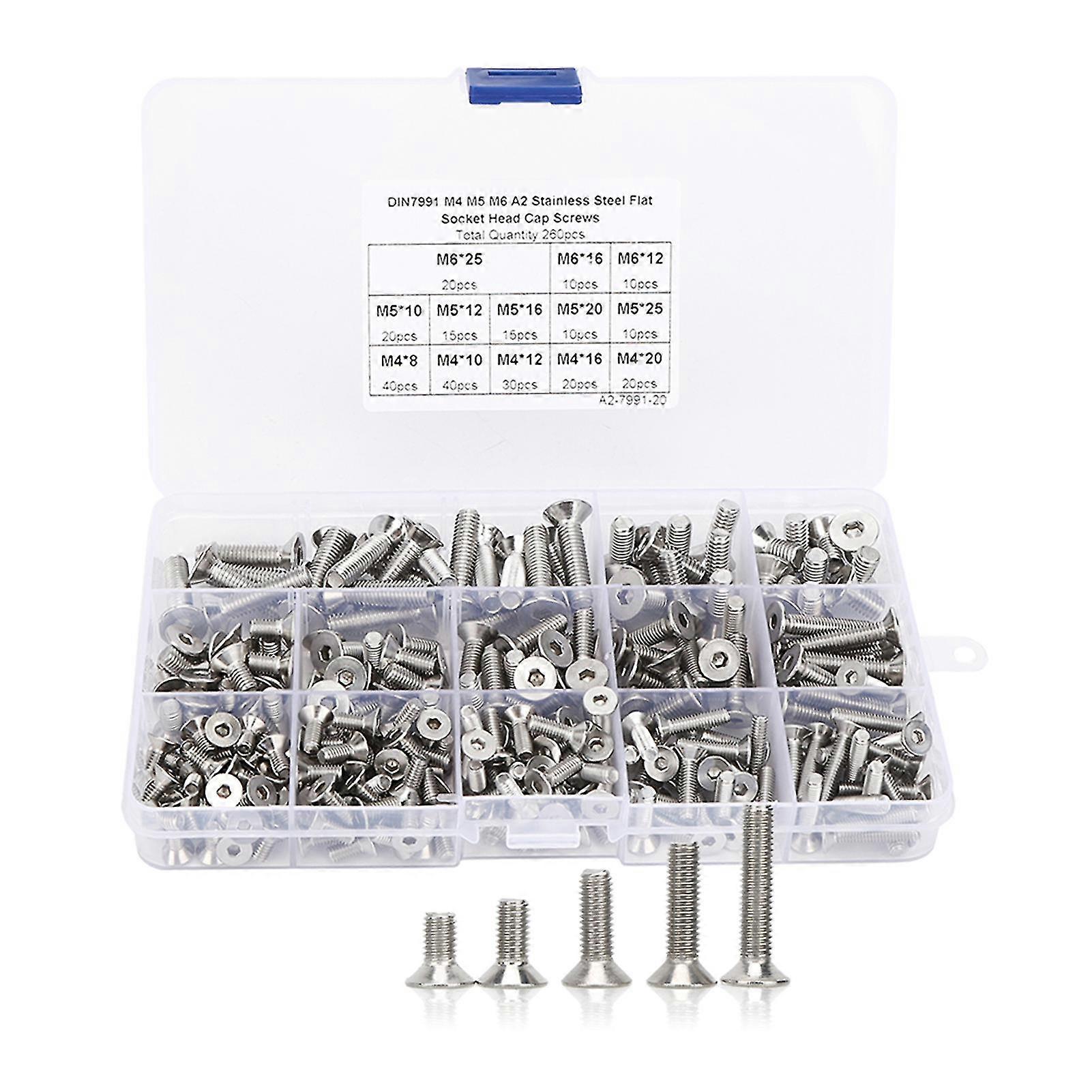 Flat Screw Set 260Pcs M4M5M6 Hex Socket Stainless Steel 304 for Electronics