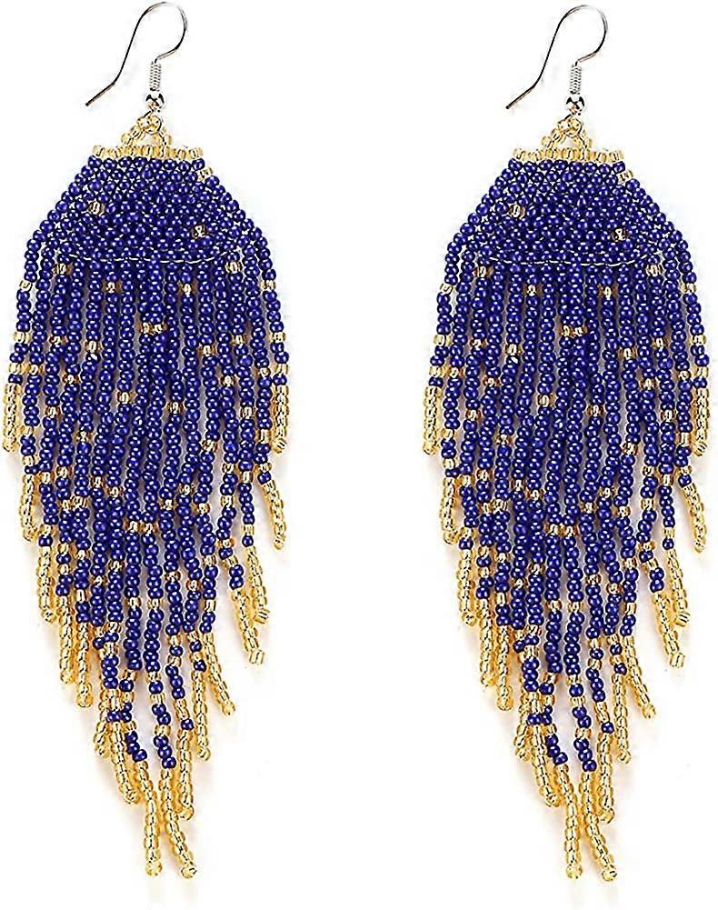 UBIUOロングビーズタッセルイヤリング\\u2013女性のための大きなボヘミアンネイティブステートメントビーズダングルイヤリング、ビッグボヘミアンステートメント手作りビーズドロップフリン