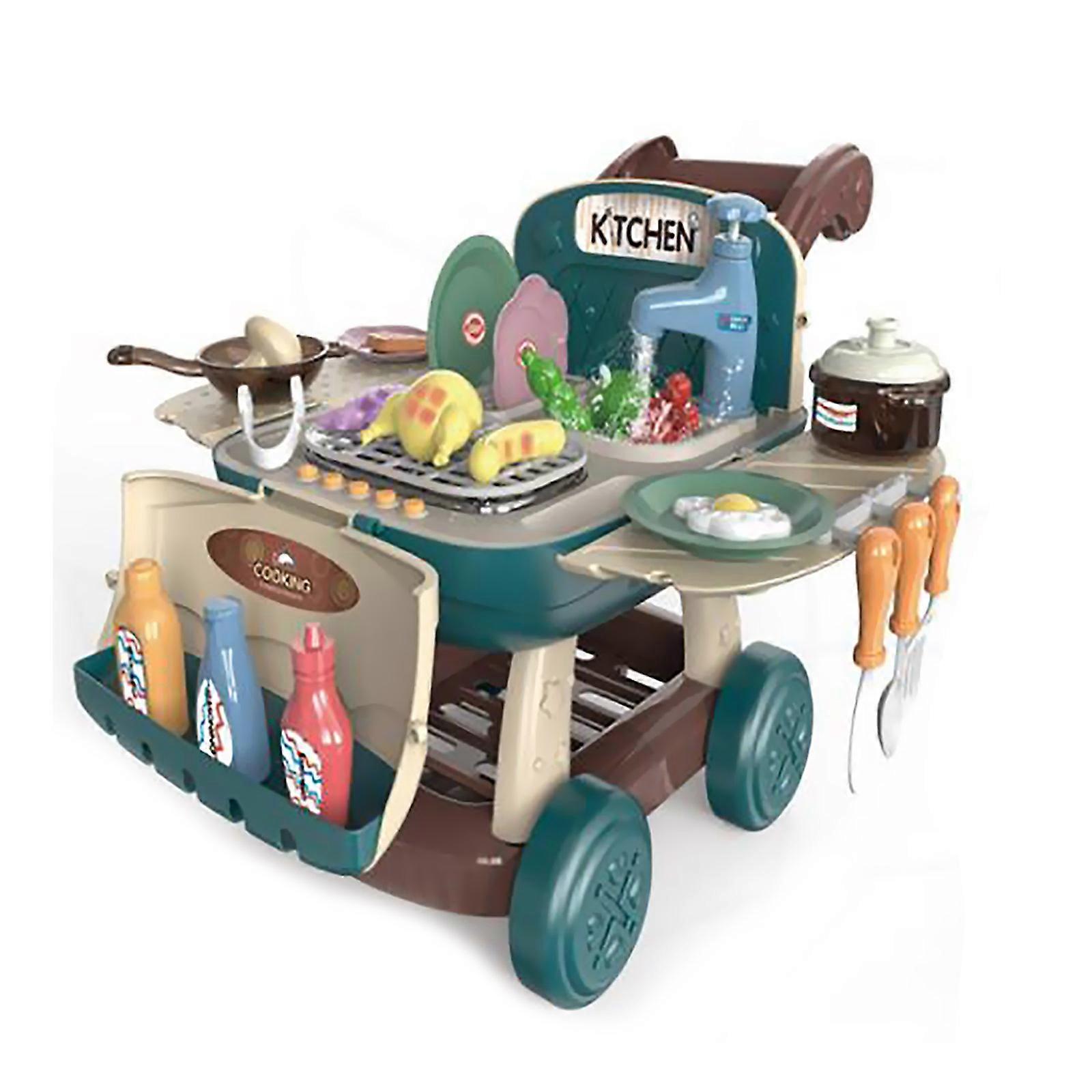 2023 New Upgraded 2023 New Kids Barbecue Cart Toy Playset Simulation Mini Kitchen Toys with 25PCS Accessories and Realistic Sound Effects for Children