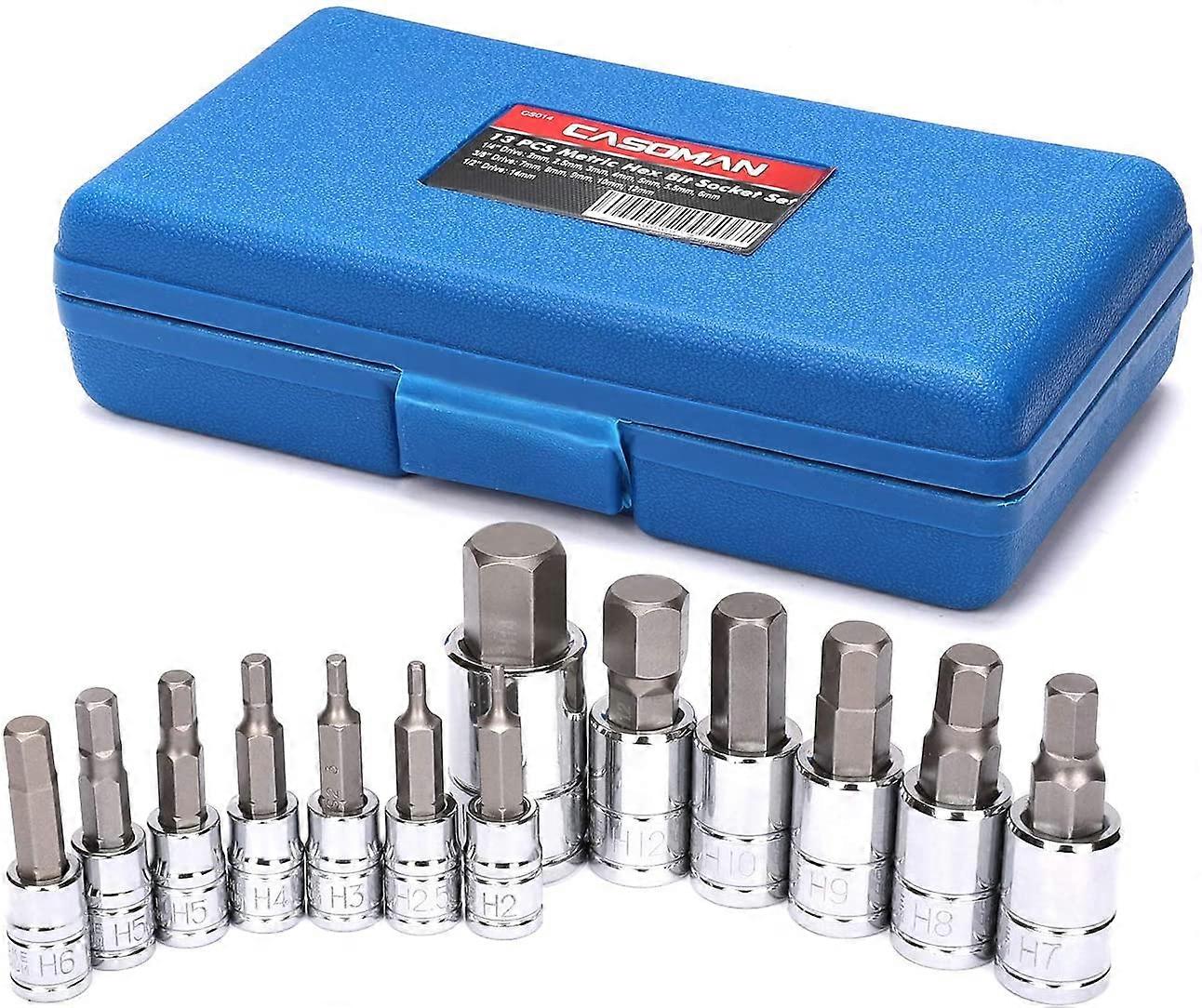 CASOMAN 13 Piece Hex Bit Socket Set, S2 Steel Bit Socket Tool Kit, Metric, 2mm-14mm, Allen Bit Socket Kit