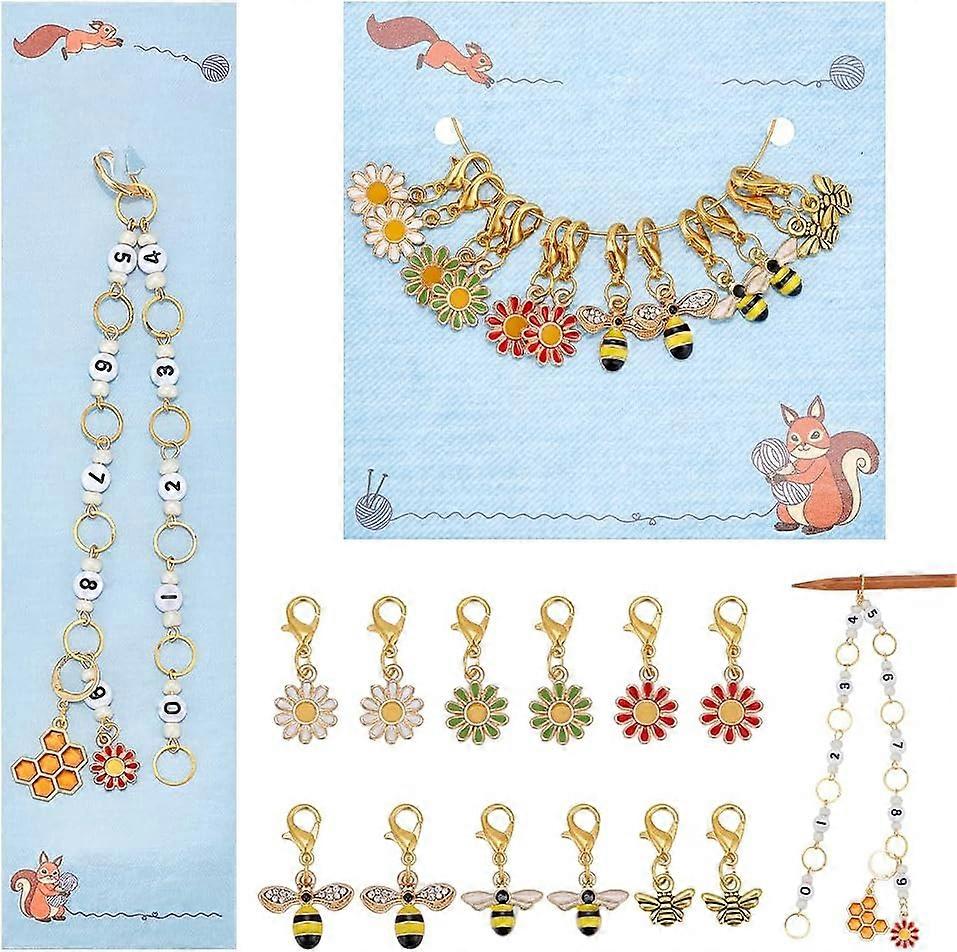 DIY 1 Pcs Daisy and Bee Knitting Row Counter Chains and 12 Pcs Stitch Markers Alloy Enamel Stitch Marker for Knitting Weaving Sewing Jewelry Making Cr