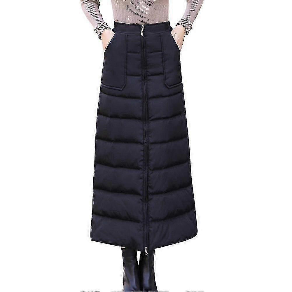 Jupe en coton duvet d’hiver Taille haute Zip Up Jupe longue chaude Épaississement Femmes A-ligne Jupes-AM