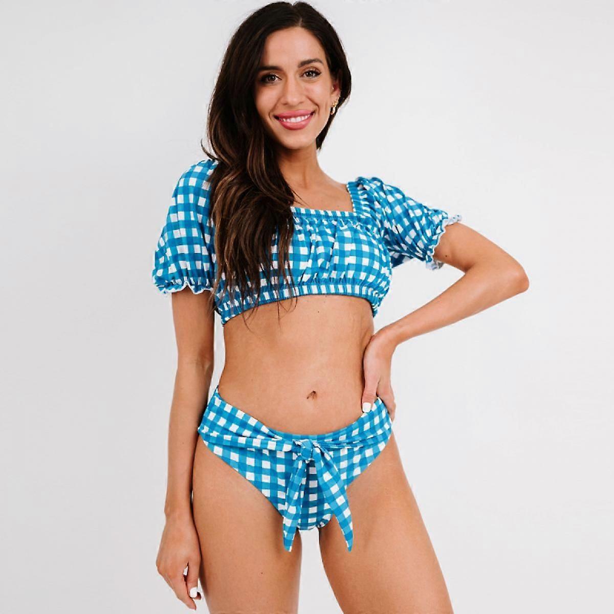 Womens Cute Solid Bubble Sleeves High Waisted Two Piece Bikini SwimsuitZ Plaid Sky BlueL