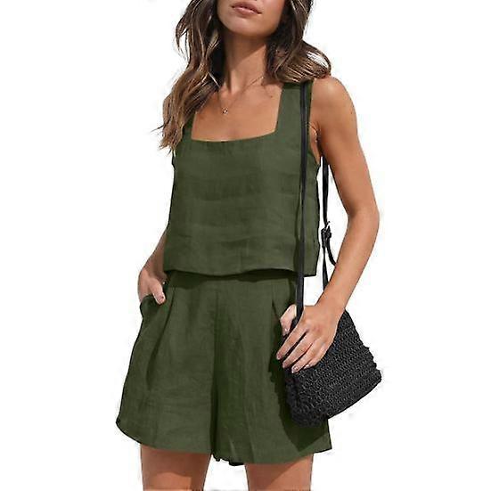 2 Pcs/Set Women Tank Top Shorts Set Square Neck Sleeveless Loose Top High Waist A-line Trousers Casual Daily Wear Vest Pants Set