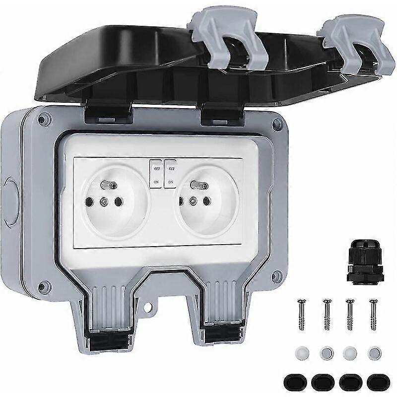 One-piece Ip66 Weatherproof Outdoor Socket (double Socket With Gray Switch)