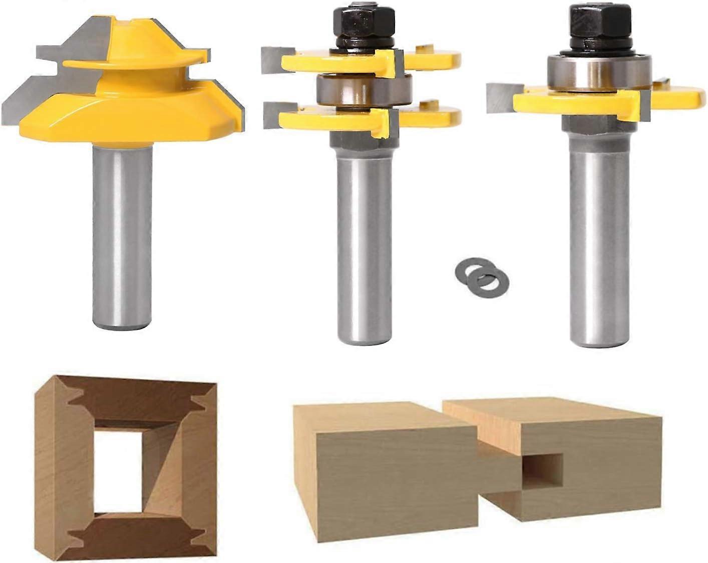 45 Degree Lock Miter Router Bit + Tongue Drill Bit + Slotting Cutter, Woodworking Milling Cutter for Carpentry Tools (1/2''(12.7Mm))