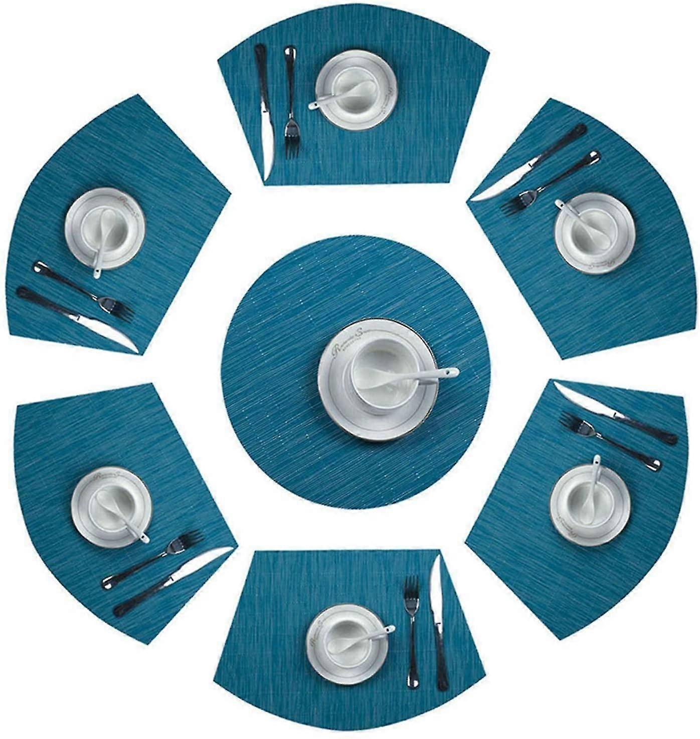 Round Placemats Set Of 7 Pvc Placemat Wedge Set Table Heat Resistant Washable (blue)