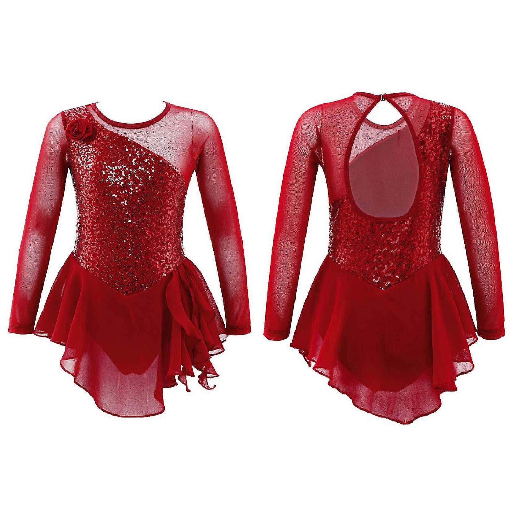 Kids Girls Long Sleeve Sequins Cutout Back Figure Ice Skating Dress Ballet Dance Gymnastic Leotard Dress