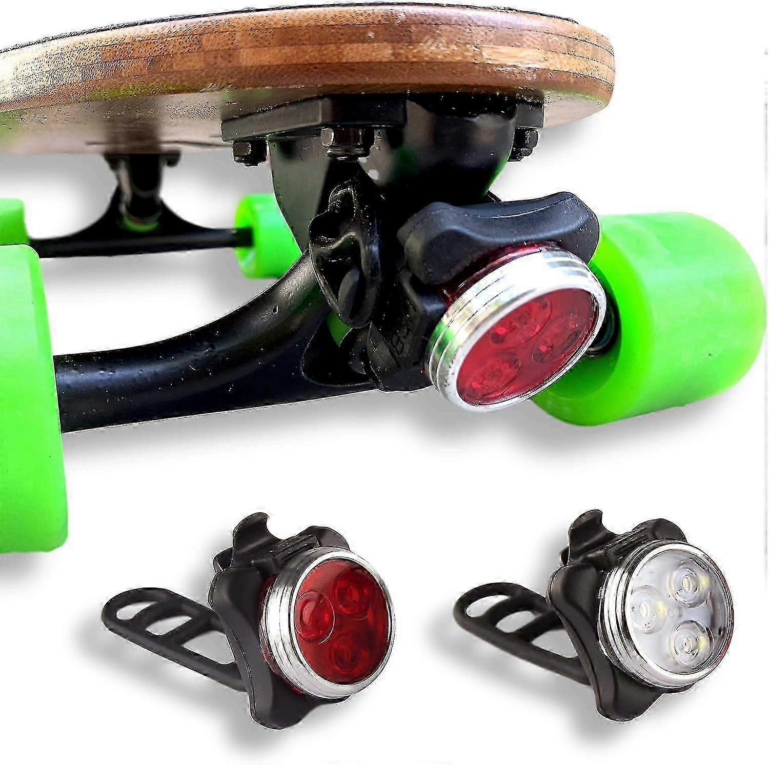 USB Rechargeable LED Lights Kit for Skateboard & Longboard - Front & Back Lights with 2 Cables & Straps