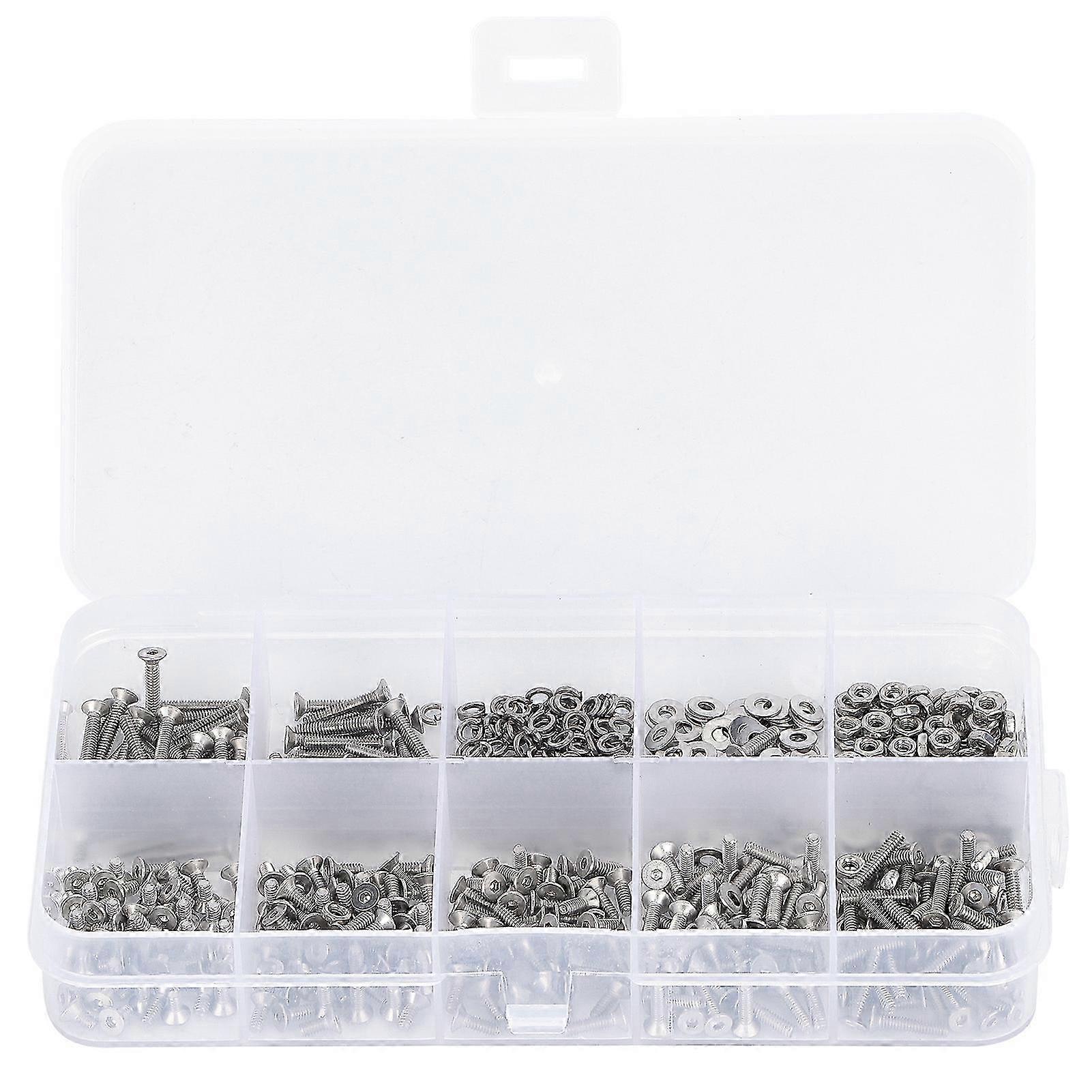 600PCS Stainless Steel Countersunk Hex Socket Bolts Hex Nuts Washers Assortment Set