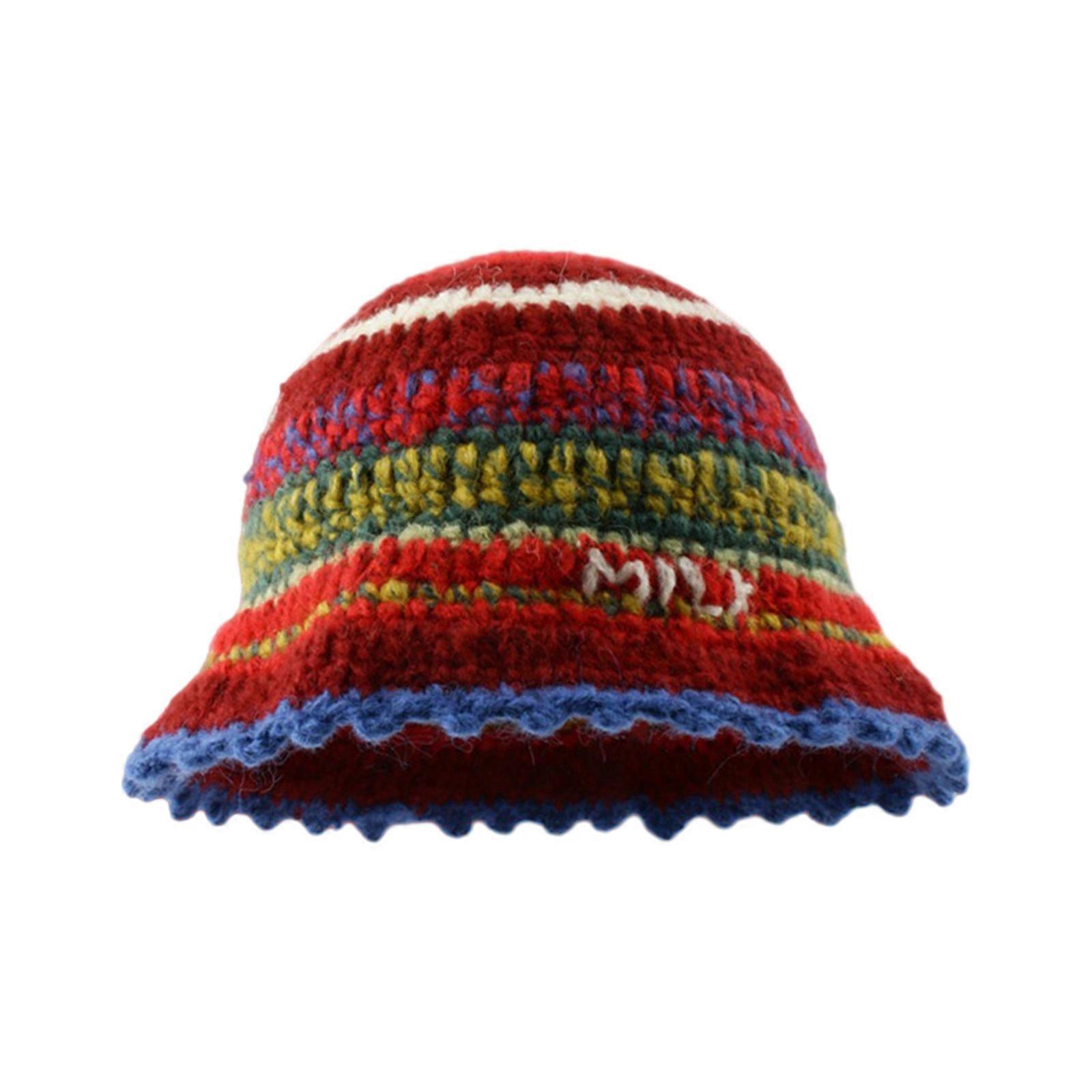 Rainbow Stripe Pattern Crochet Bucket Hat Ladies Commute Camping Fisherman Cap with Stripe Pattern for Girlfriend Red