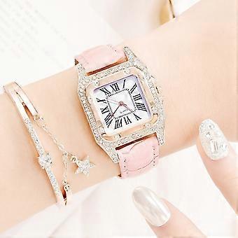 Montre à quartz à bracelet carré tonneau femme, couleur : rose + bracelet rose + bracelet