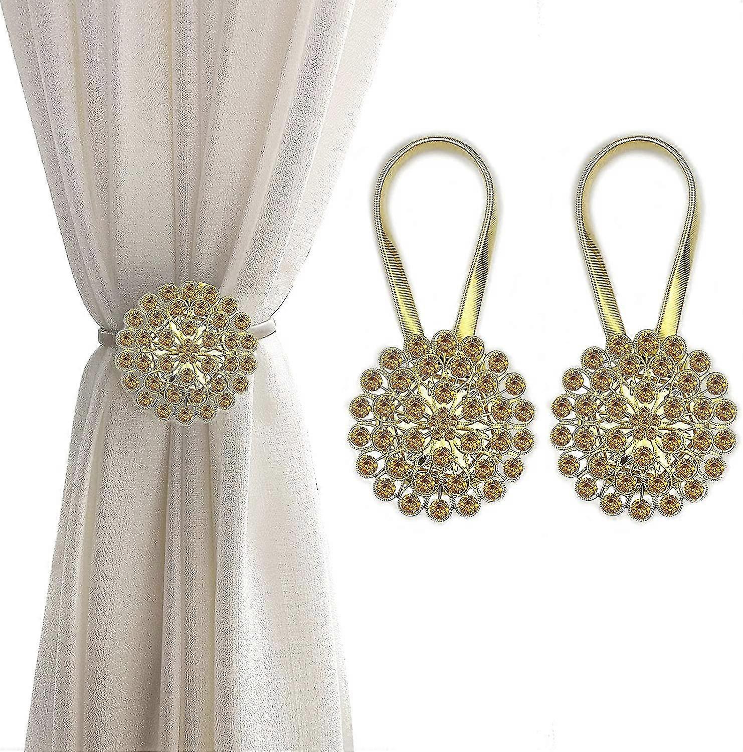 2pcs Sparkling Crystal Flower Curtain Tiebacks with High-Elastic Spring Wire for Home & Office Decor (Gold)