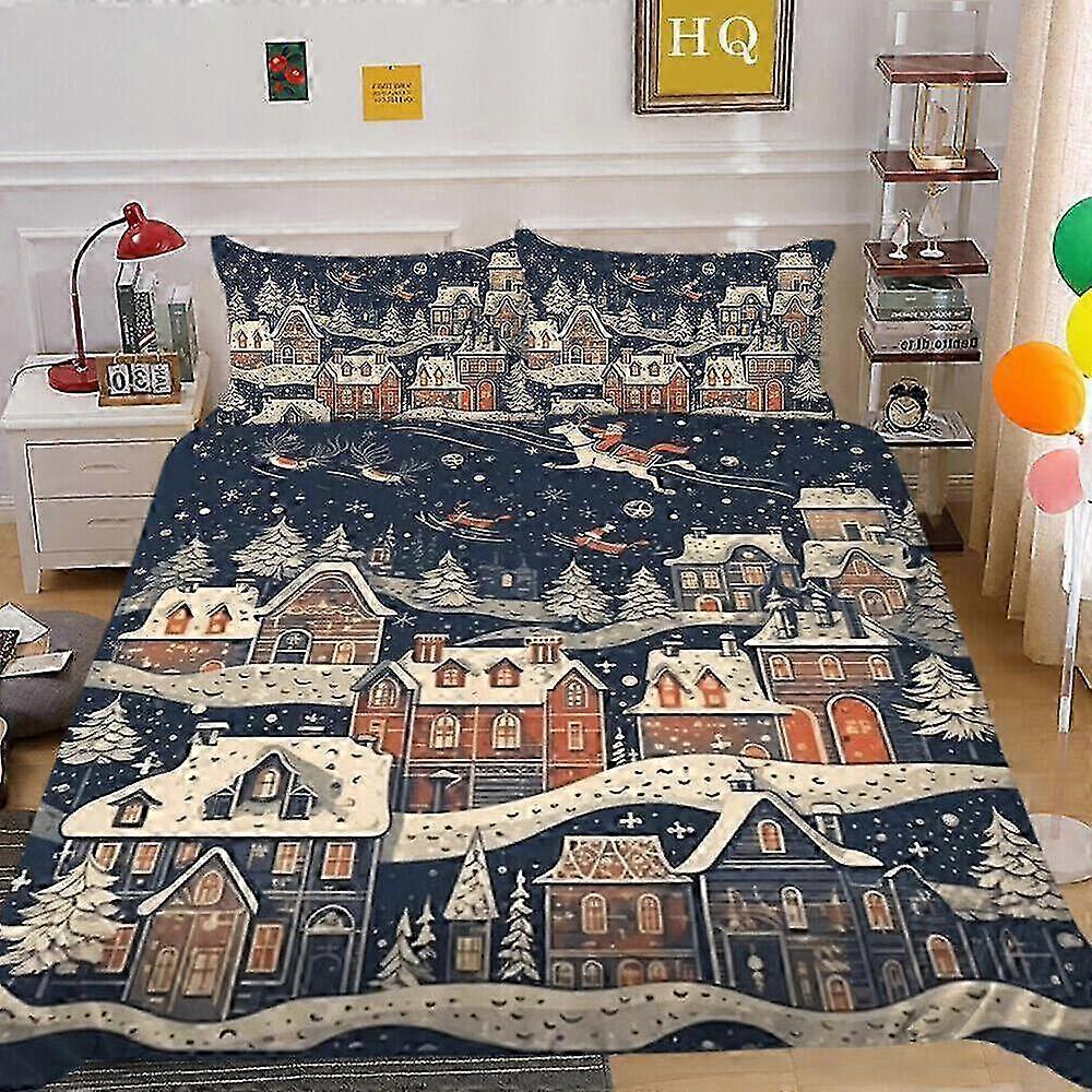 Christmas Eve Gifts Duvet Cover Set Featuring Santa Claus and Reindeer Design, 3 Piece Kids Bedspread and Bed Sheets������ijƷ��