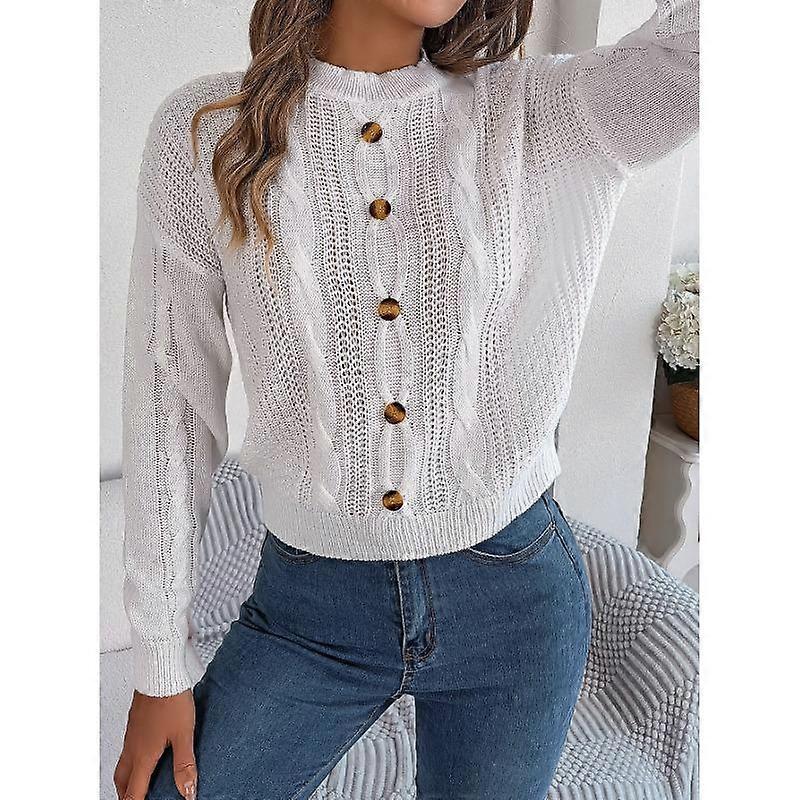 Women's Autumn and Winter Casual Solid Colour Button Twist Long Sleeve Pullover Sweater