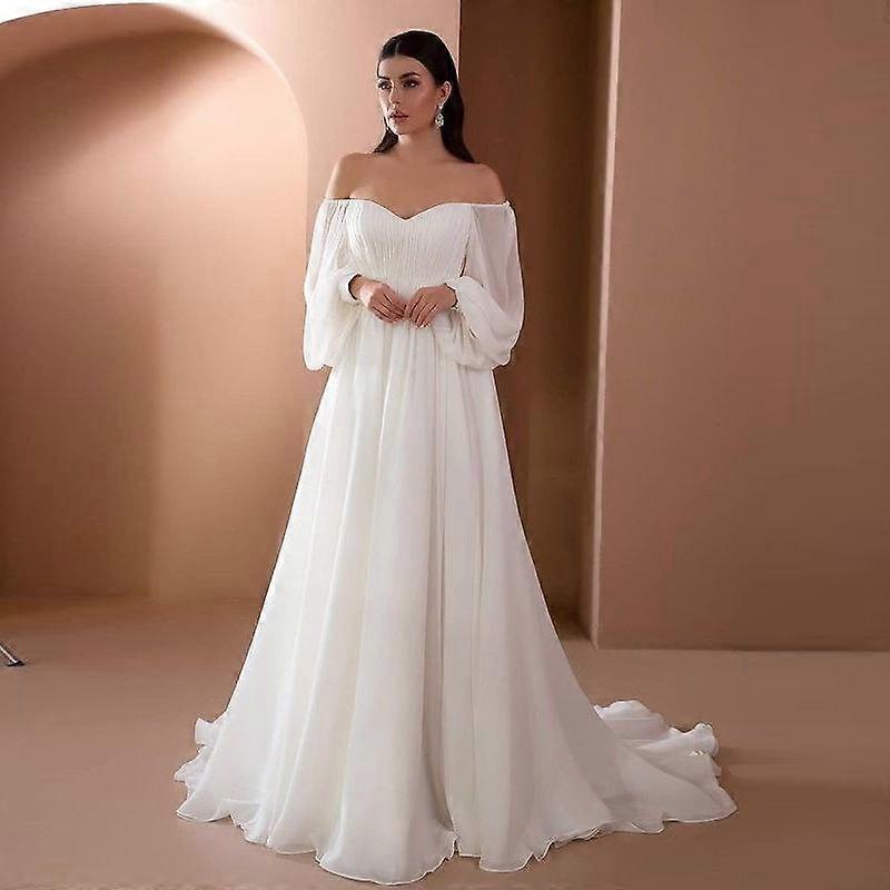 Women Elegant Long Sleeves Backless Mesh Off Shoulder Bridal Maxi Long Dress Host Wedding Bride Bridesmaids Party Gowns