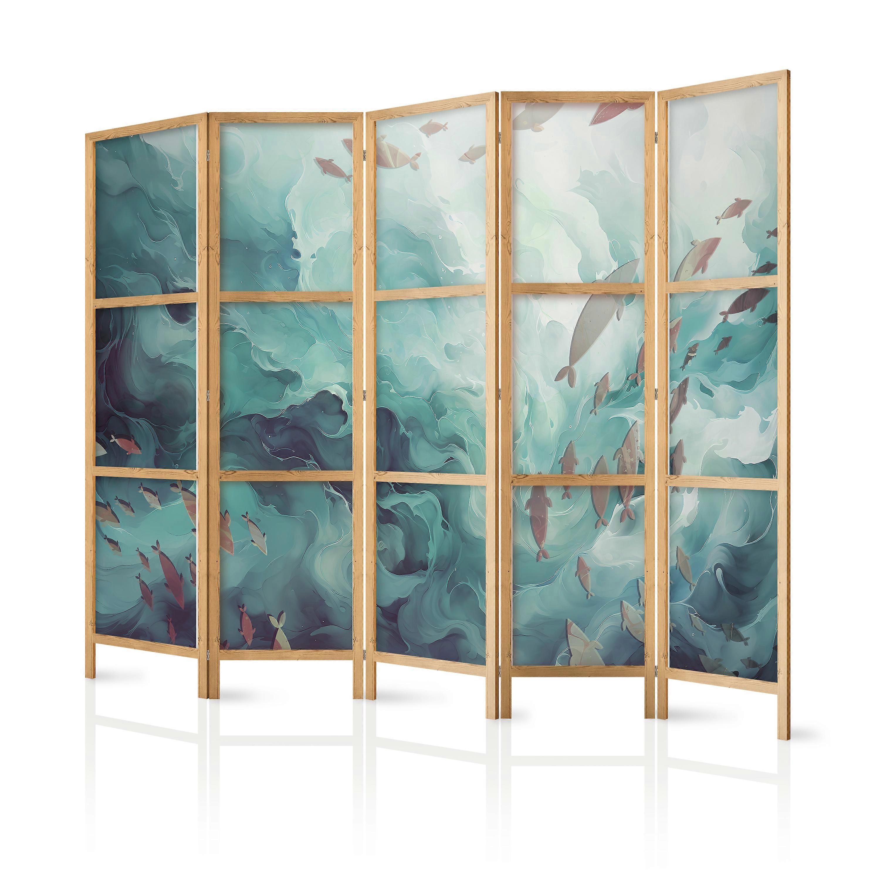Japanese Screen - Three Schools of Fish - Fish in muted colors swimming in groups in the ocean depths