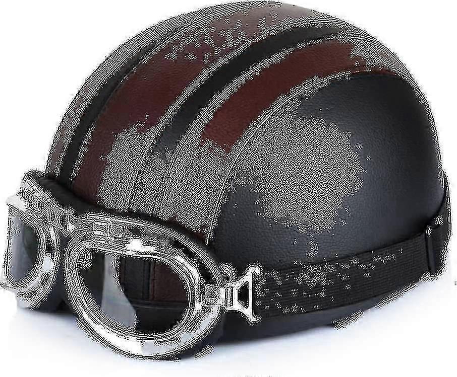 Motorcycle Scooter Open Half-face Leather Helmet With Anti-uv Goggles Retro Vintage Style 54-60cm