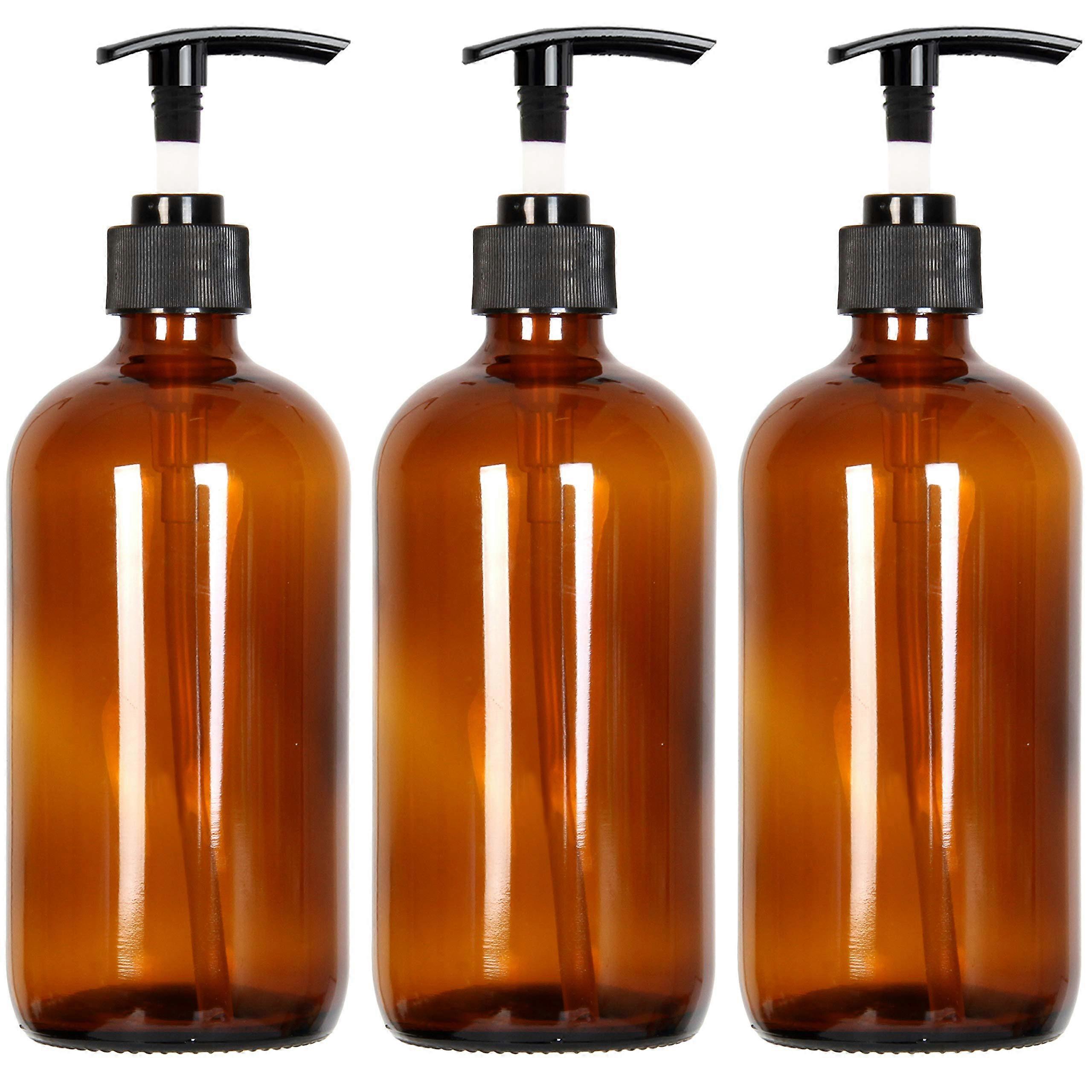 3 Pack Empty Amber Glass Pump Bottles, 3 Pack 16 Ounce Pump Bottles, Soap Dispenser, Refillable Containers