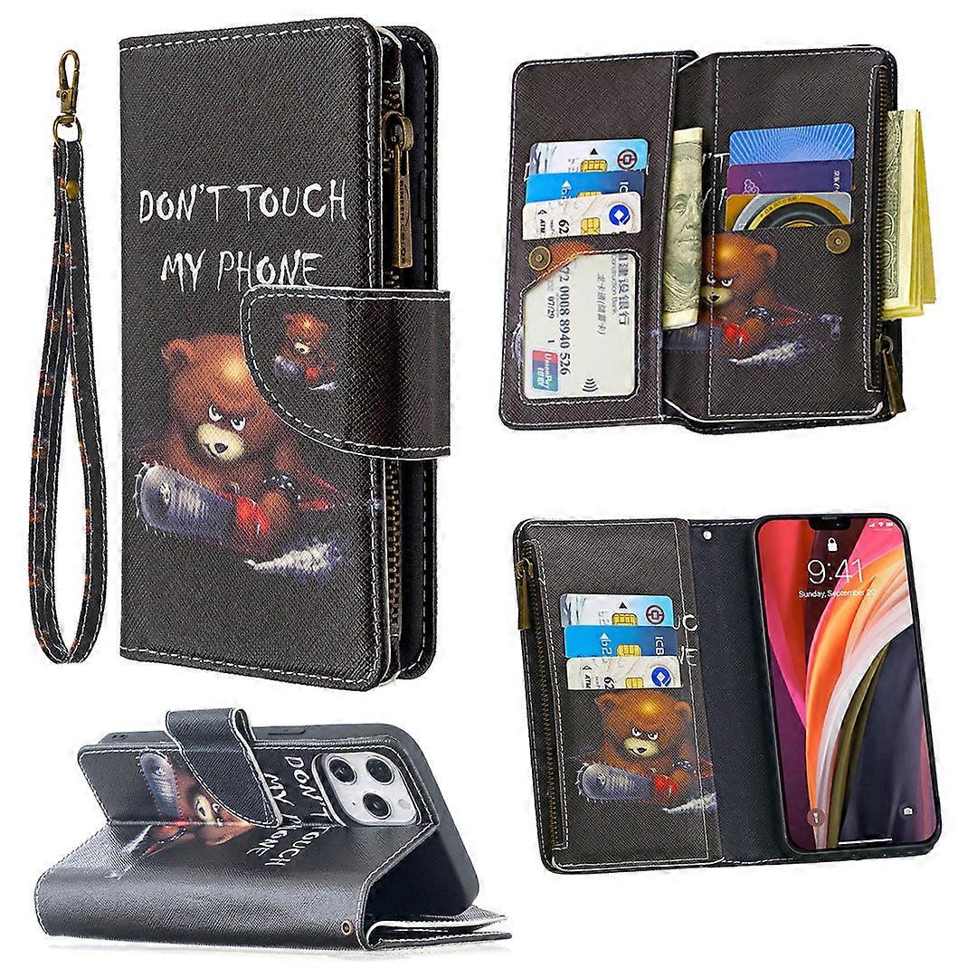 Case For Iphone 13 Pro Max Bear Painted Zipper Leather Multi-function Card Slot Wallet Multi-ca