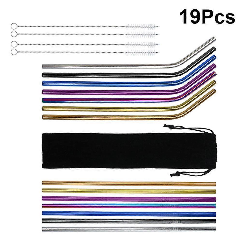 Reusable Stainless Steel Straw Set Drinking Curved Assorted Color 21 5cm 19Pcs