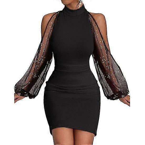 Femei Rochie de seară Off Shoulder Scobit Lung Lantern Manșon Transparent Plasă Patchwork Slim Fit Talie Strânsă Teacă Guler Jumătate Înalt Doamnă