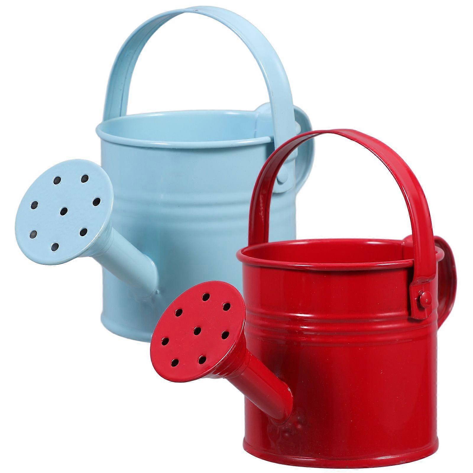 2pcs Creative Watering Tin Simple Watering Pot Durable Iron Sprinkling Kettle Portable Can for Garden Home Plants Flower (Red and Light Blue)