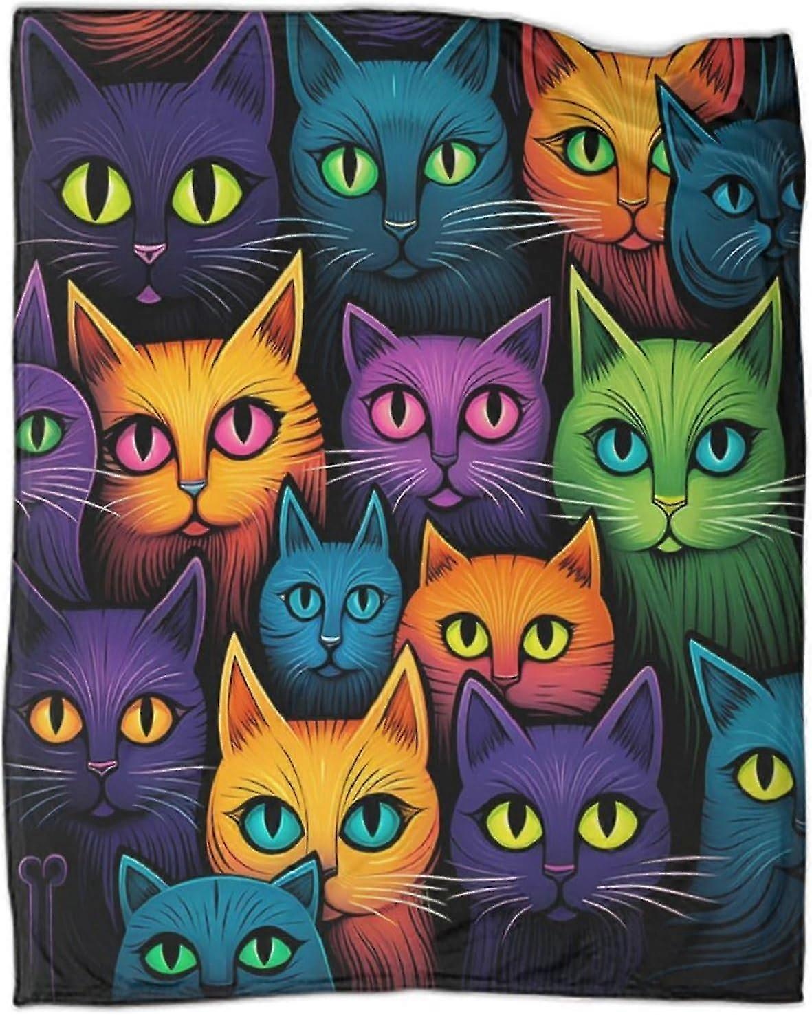 Cobertor de lã quente reversível com design de gato de cores vivas para cama, sofá e sofá