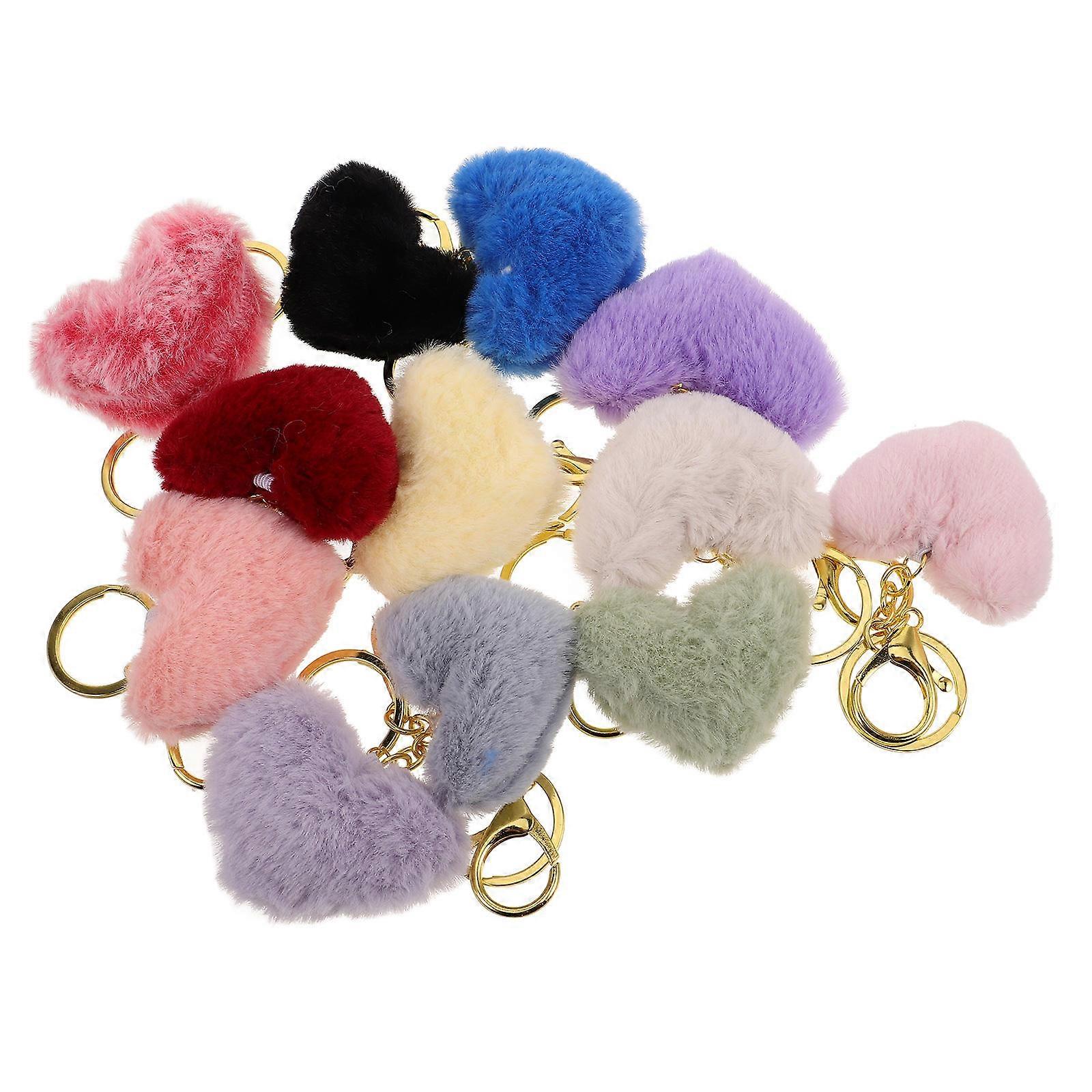 Assorted Color Heart Pompom Balls Keychain Pendants for Decor 12Pcs Set