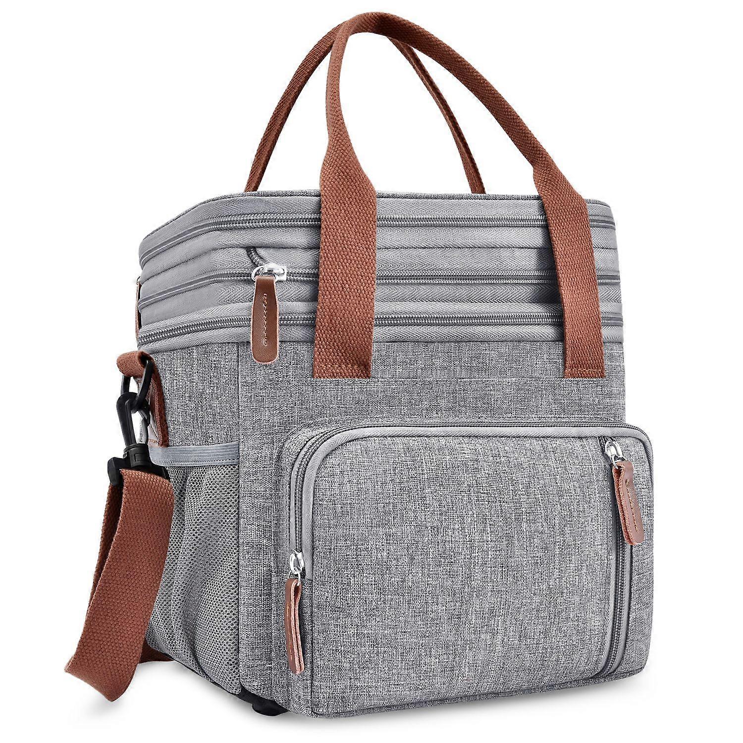 Double Deck Insulated Leakproof Lunch Bag for Adults - Large 15L Soft Cooler Bag for Work, Men & Women (Grey)