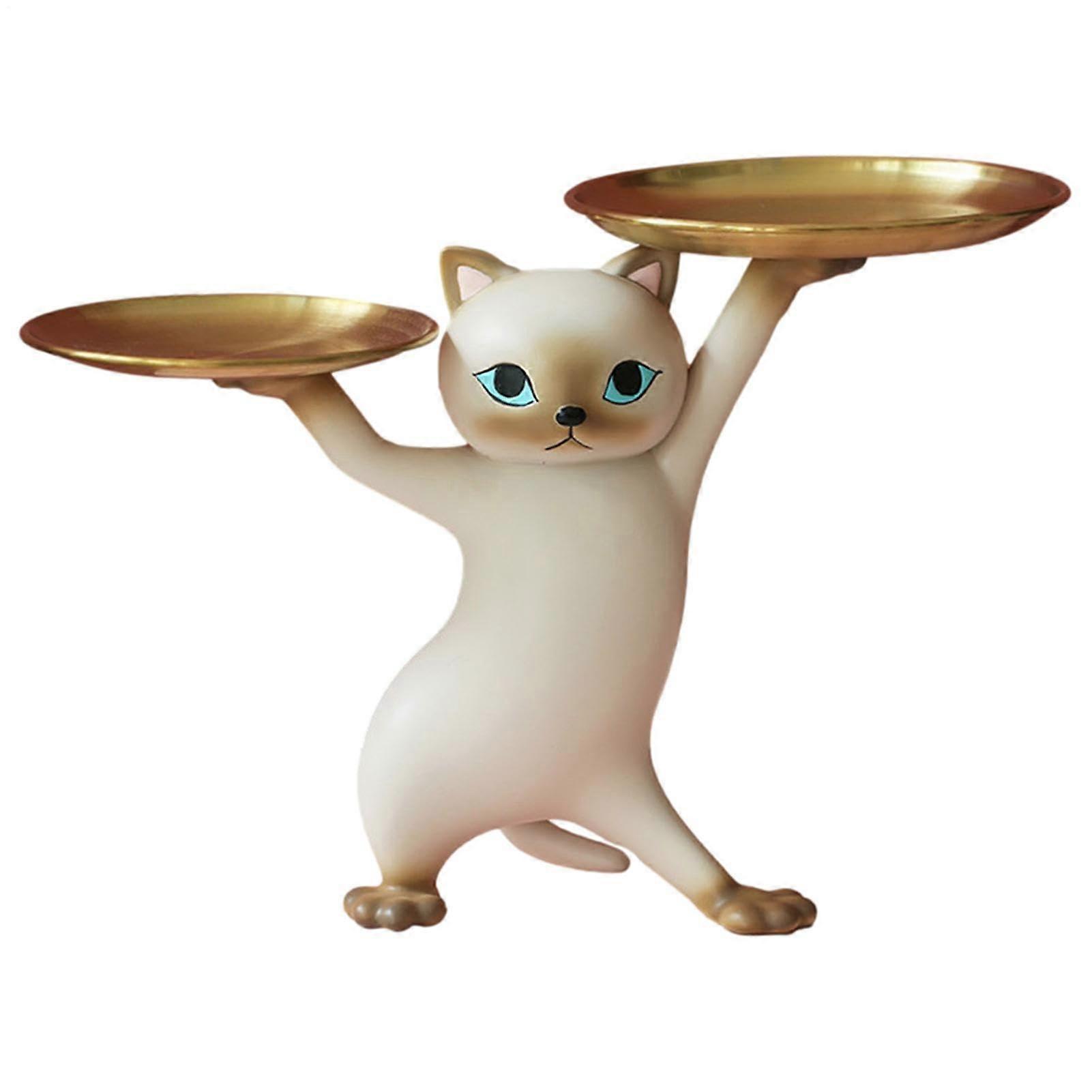 Cat Storage Tray Statue, Cute Cat Resin Catchall Made from ecofriendly resin and metal tray