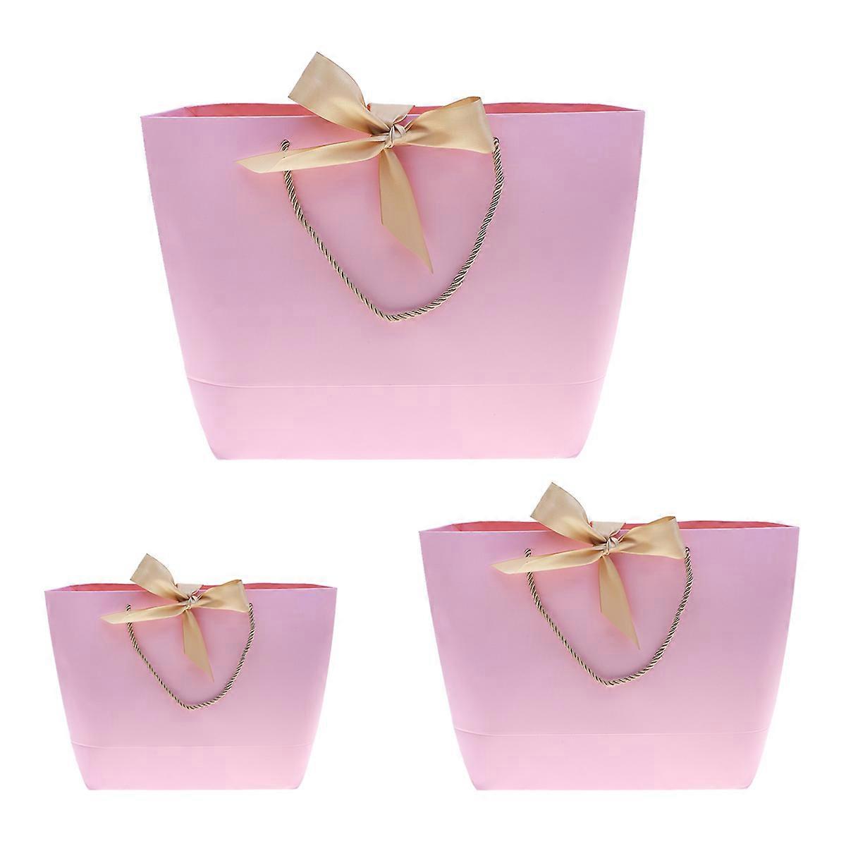 Pink Shopping Paper Bags with Durable Handles and Ribbon Decoration for Gifts or Candies 3 Pcs