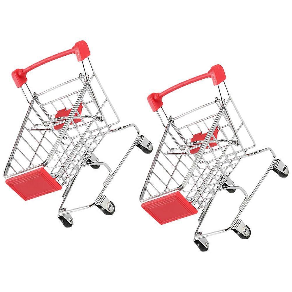 2pcs Mini Red Shopping Cart Desktop Trolley Model for Play & Storage – Compact Decorative Basket for Office, Kitchen, Bedroom