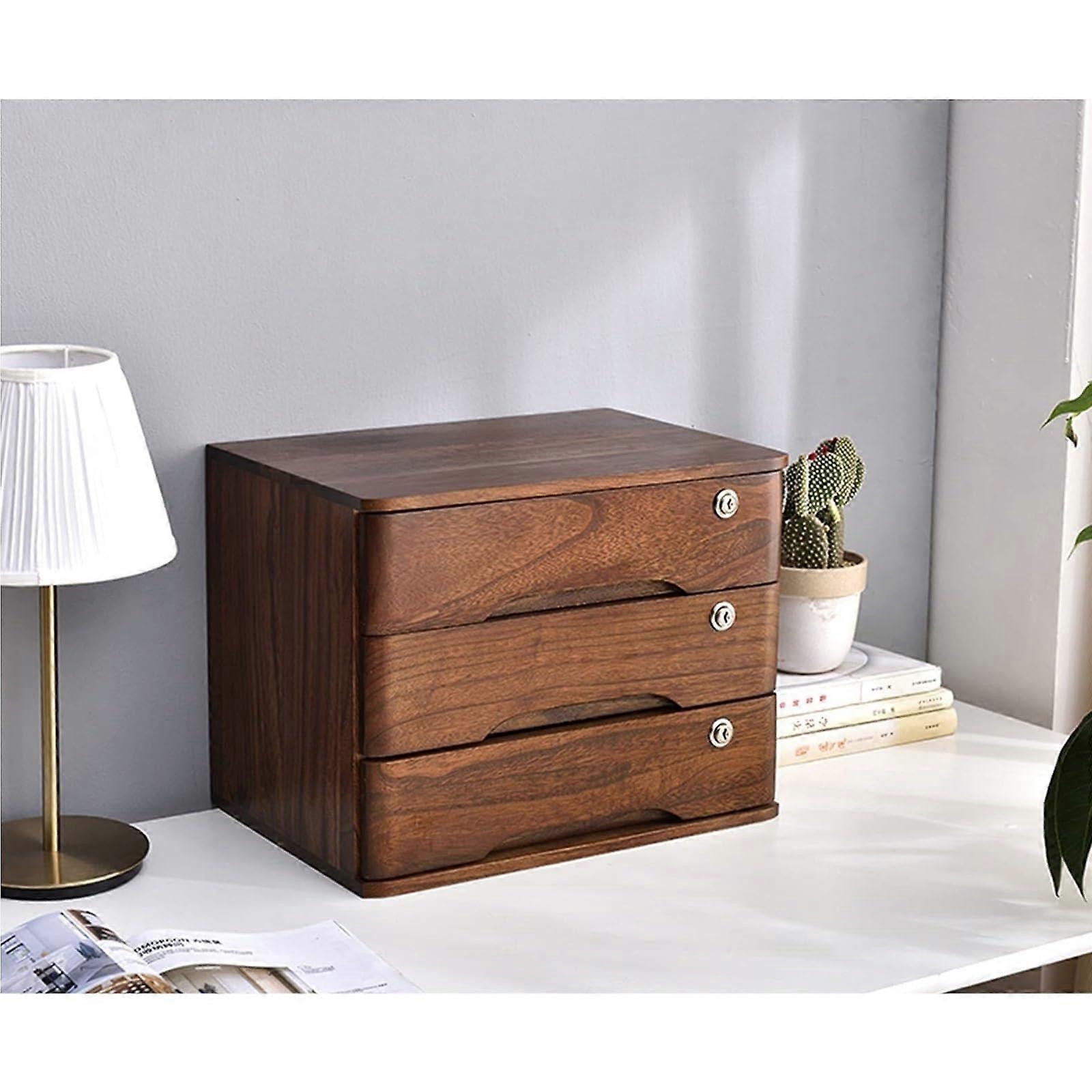 Desktop File Cabinet - 3 Drawer Solid Wood Storage Box with Lock, Rustic Office/Home Organizer for Desk Supplies