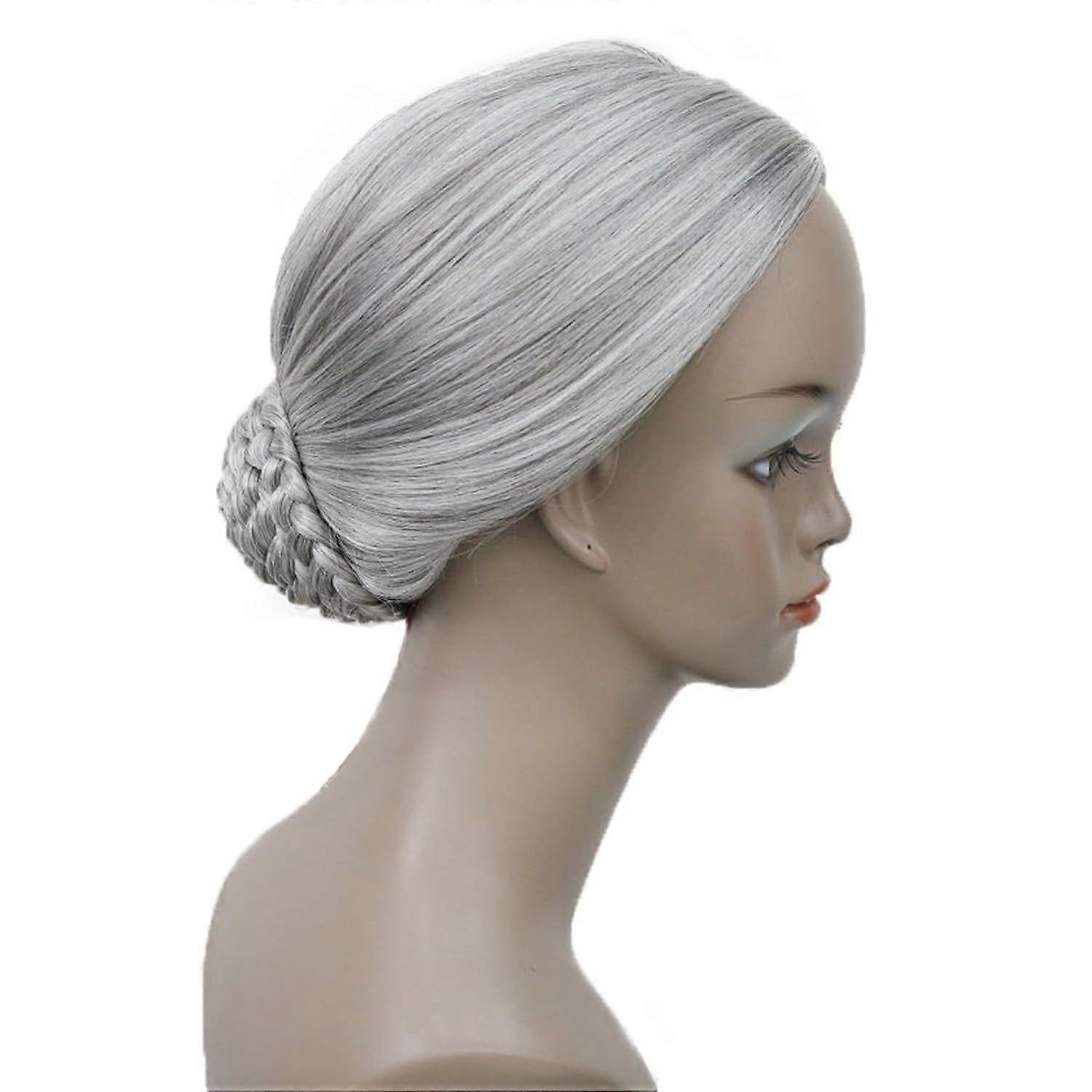 Stage Performance Braid Updo Bun Wigs Old Lady's Women Silver Gray Synthetic