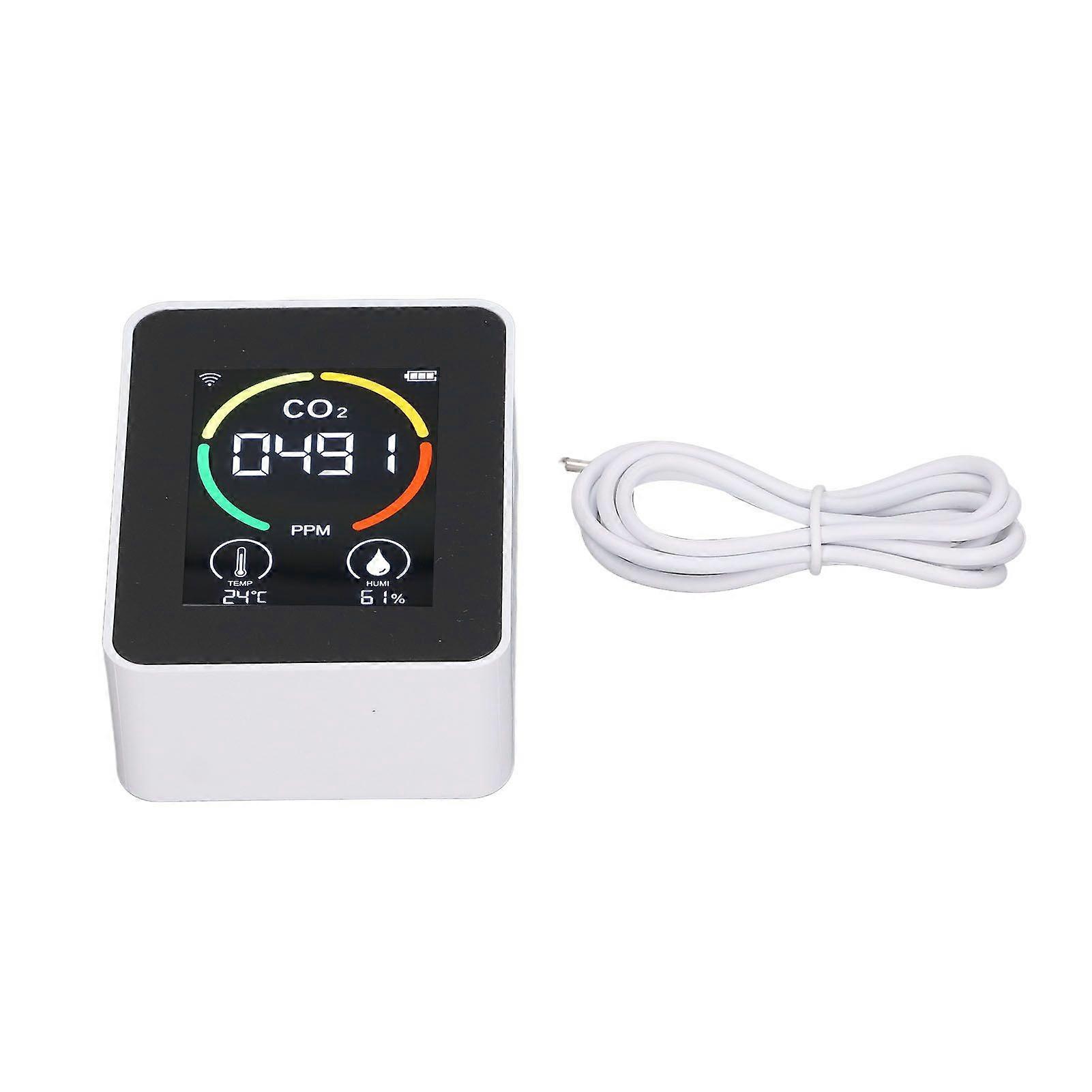 CO2 Detector Portable Battery Operated Temperature Humidity Meter Air Quality Monitor Infrared Smart WiFi Sensor White