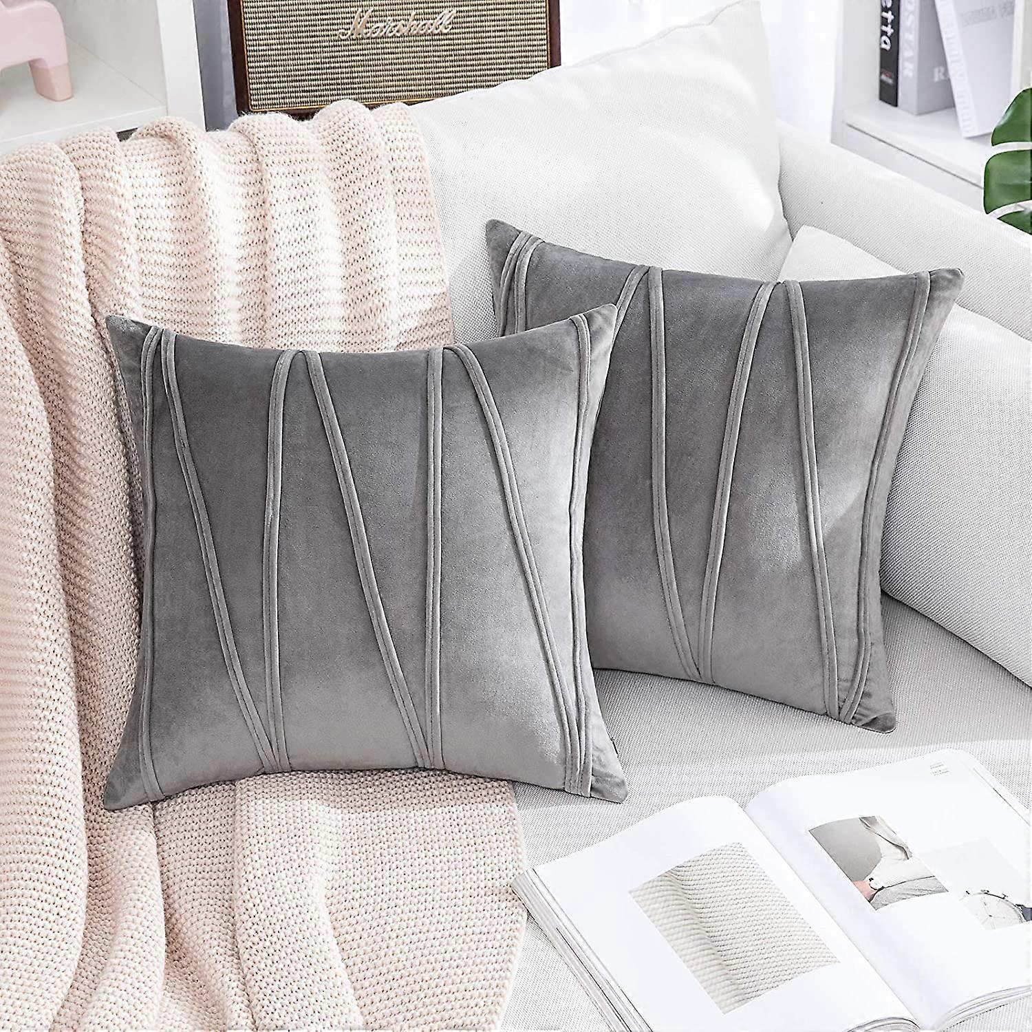 2X Velvet Throw Pillows For Couch Bed Sofa (inserts + Pillow Covers,  Grey)