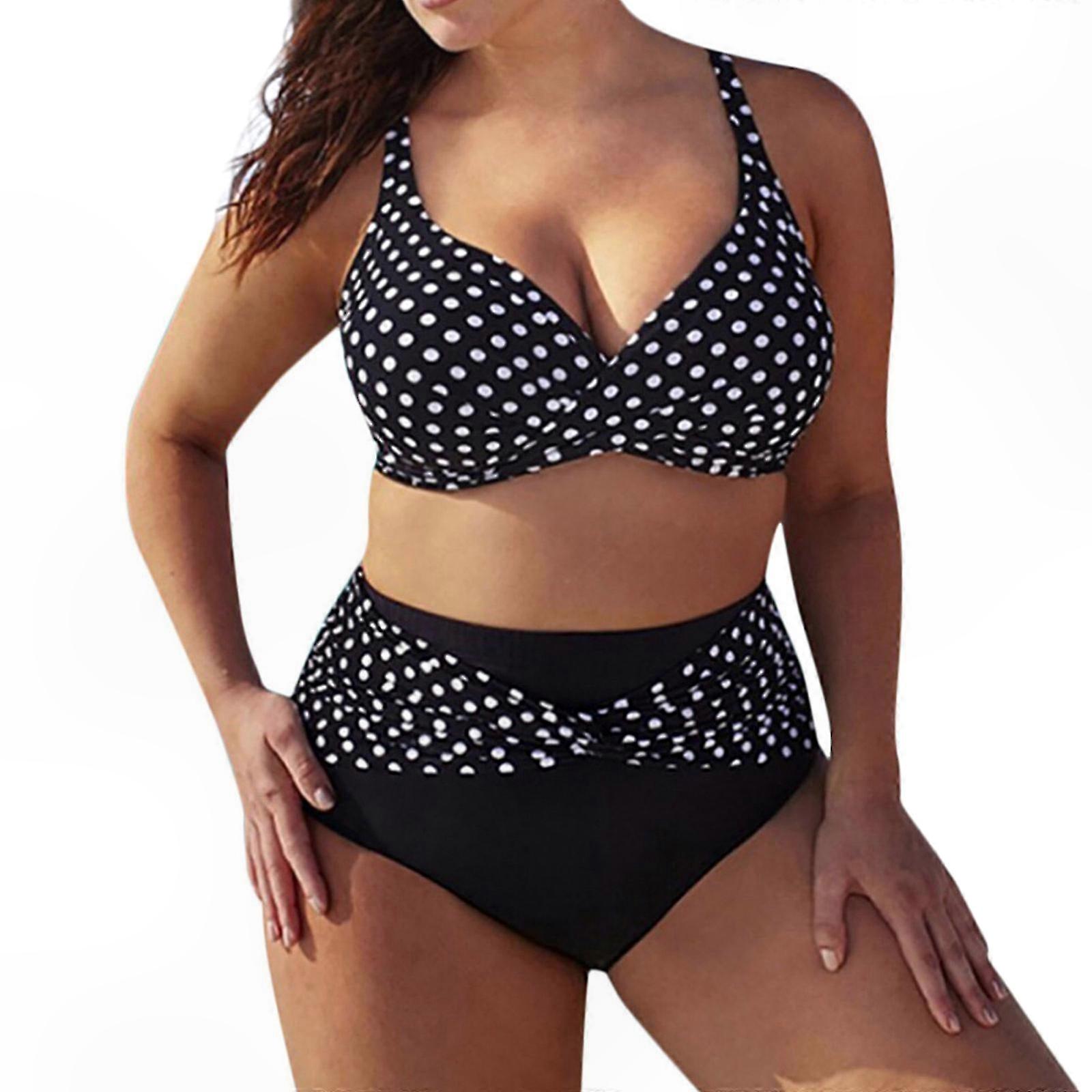 Plus Size Polka Dot Bikini Set with Twist Front Top and High Waisted Bottom Black 5XL