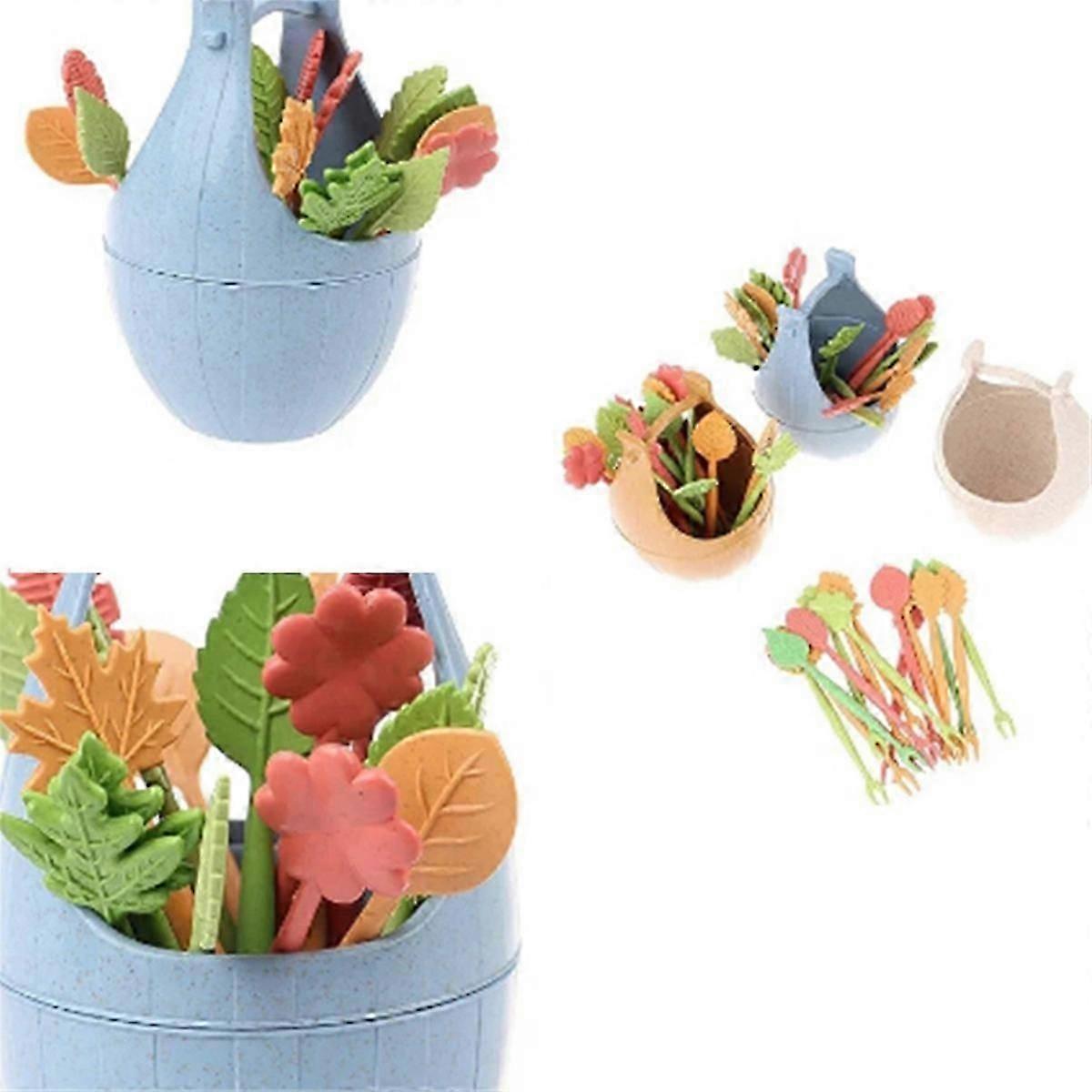Wheat Straw Fruit Fork With Storage Bucket Mini Toothpick,Blue
