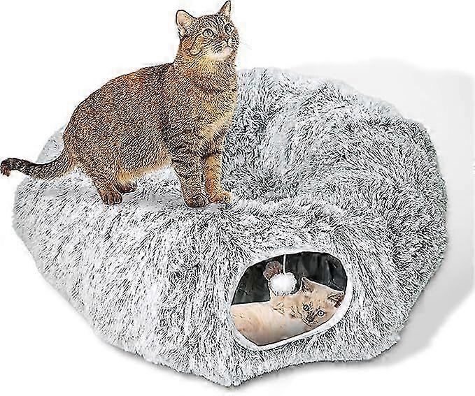 Plush Cat Tunnel Bed for Indoor Cats, Large Donut Tunnel Toys with Detachable & Washable Cushion, Peekaboo Hideaway Cave for Kittens Rabbit Ferret Pup