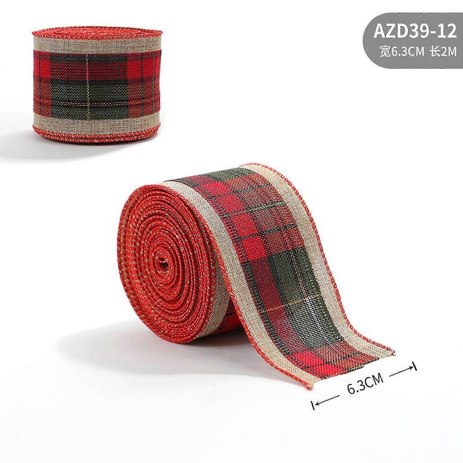 Ruban de Noël large Easygou en fil métallique avec sapins de Noël, flocons de neige, paillettes dorées et bordure rouge sur un motif aspect toile de jute