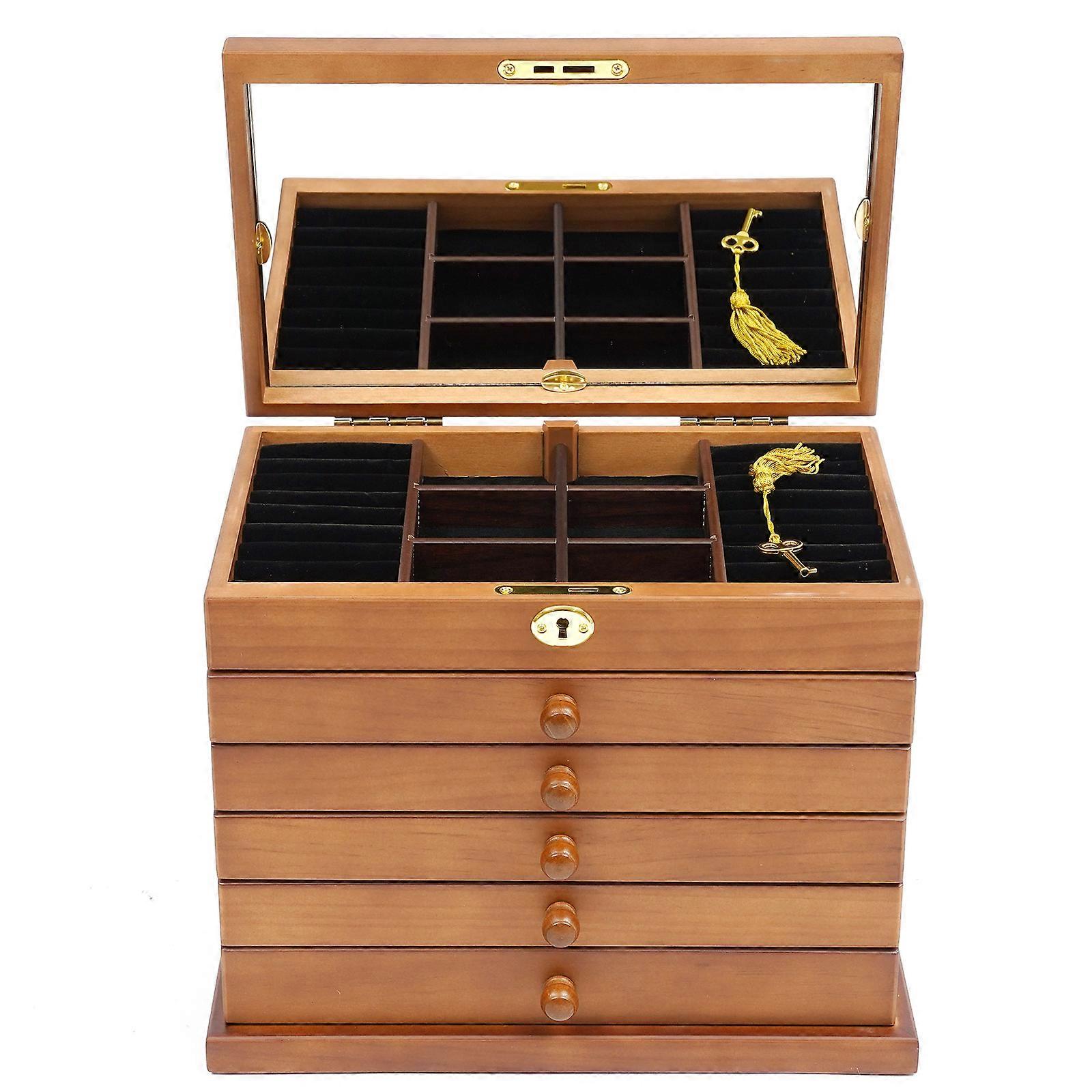 6 Layers Large Capacity Wooden Jewelry Box with Pull-out Drawer+High-definition Mirror