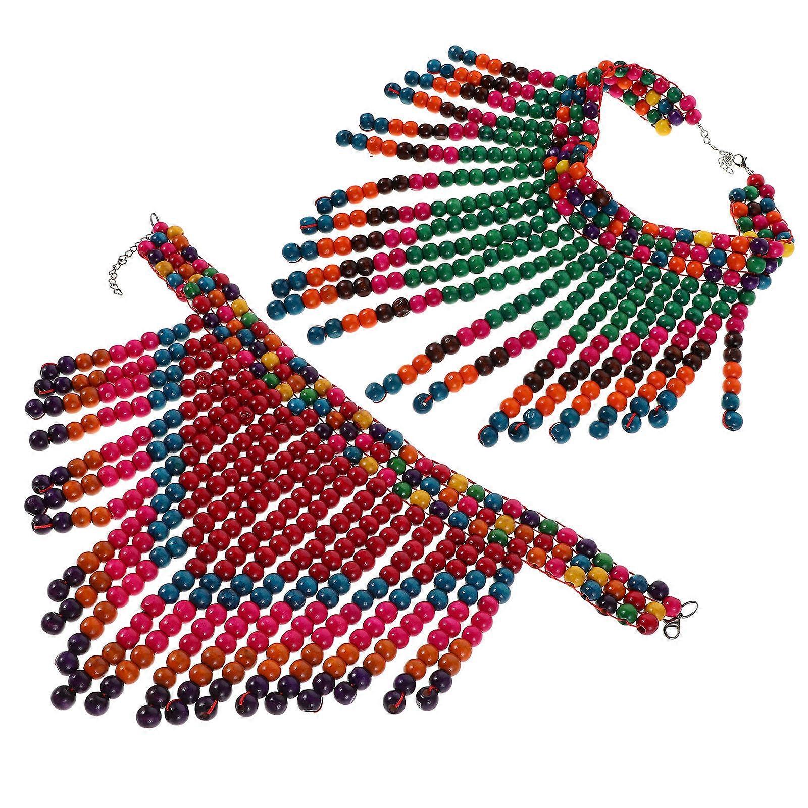 Ethnic Tassel Necklaces For Women Crafted With Handmade Assorted Color Wood Beads Suitable For Parties And Travel 2Pack