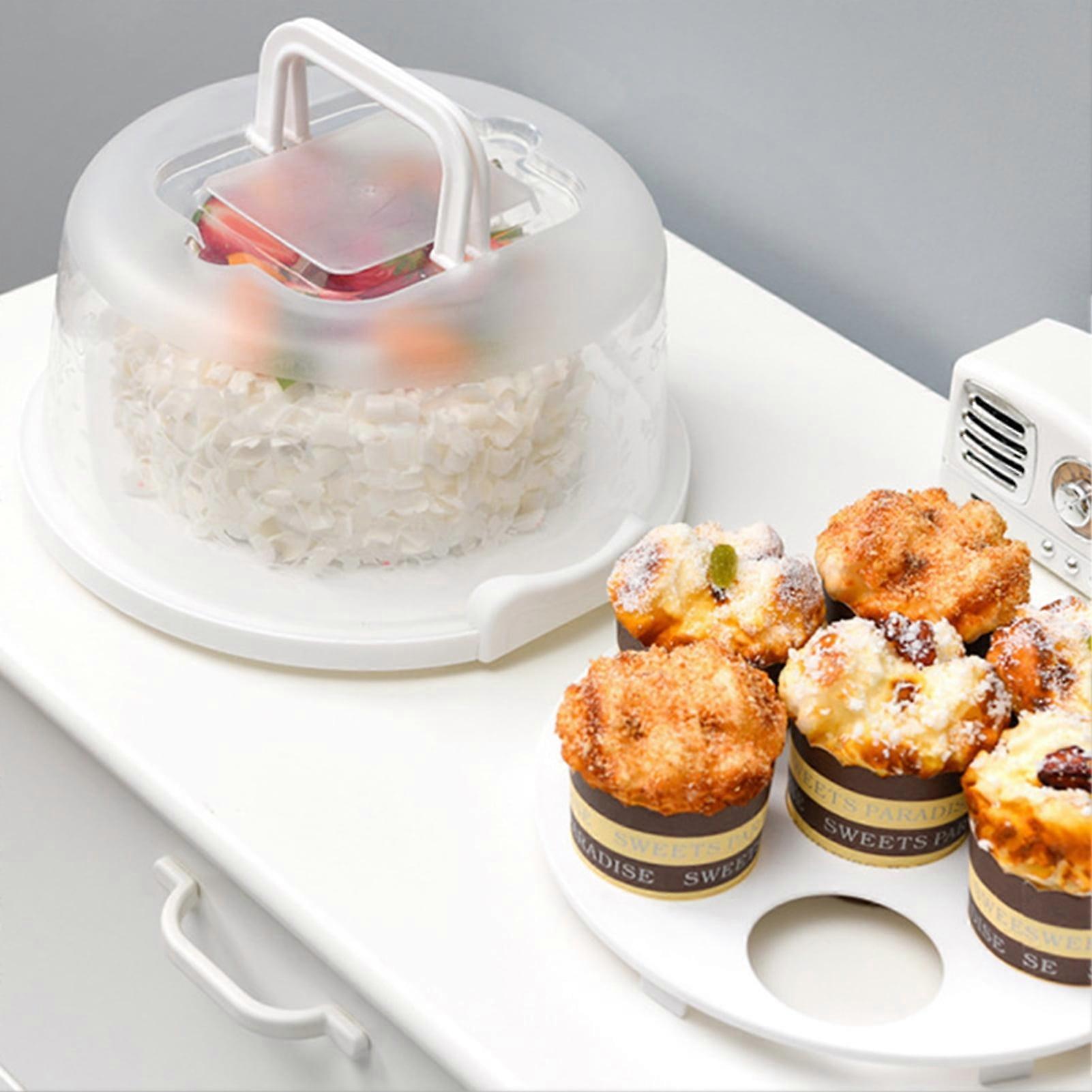Vnanda Cake Keeper with Cover & Cupcake Insert, Compatible with Round Cakes - Plastic Carrier with Handle, Includes Turntable