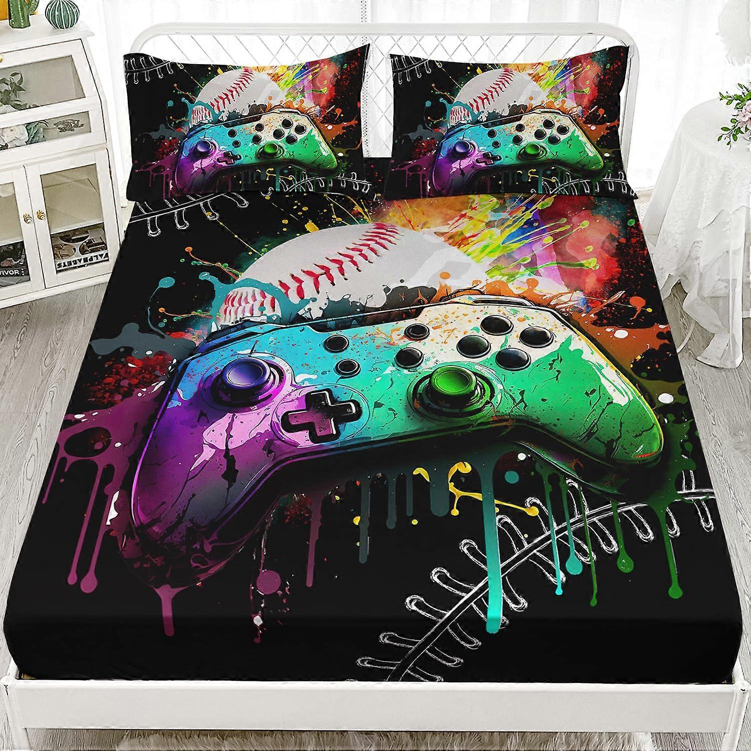 Colorful Gamepad Fitted Sheet Queen Size 3Piece Video Game Bedding Set, 1 Fitted Sheet & 2 Pillowcases, Queen